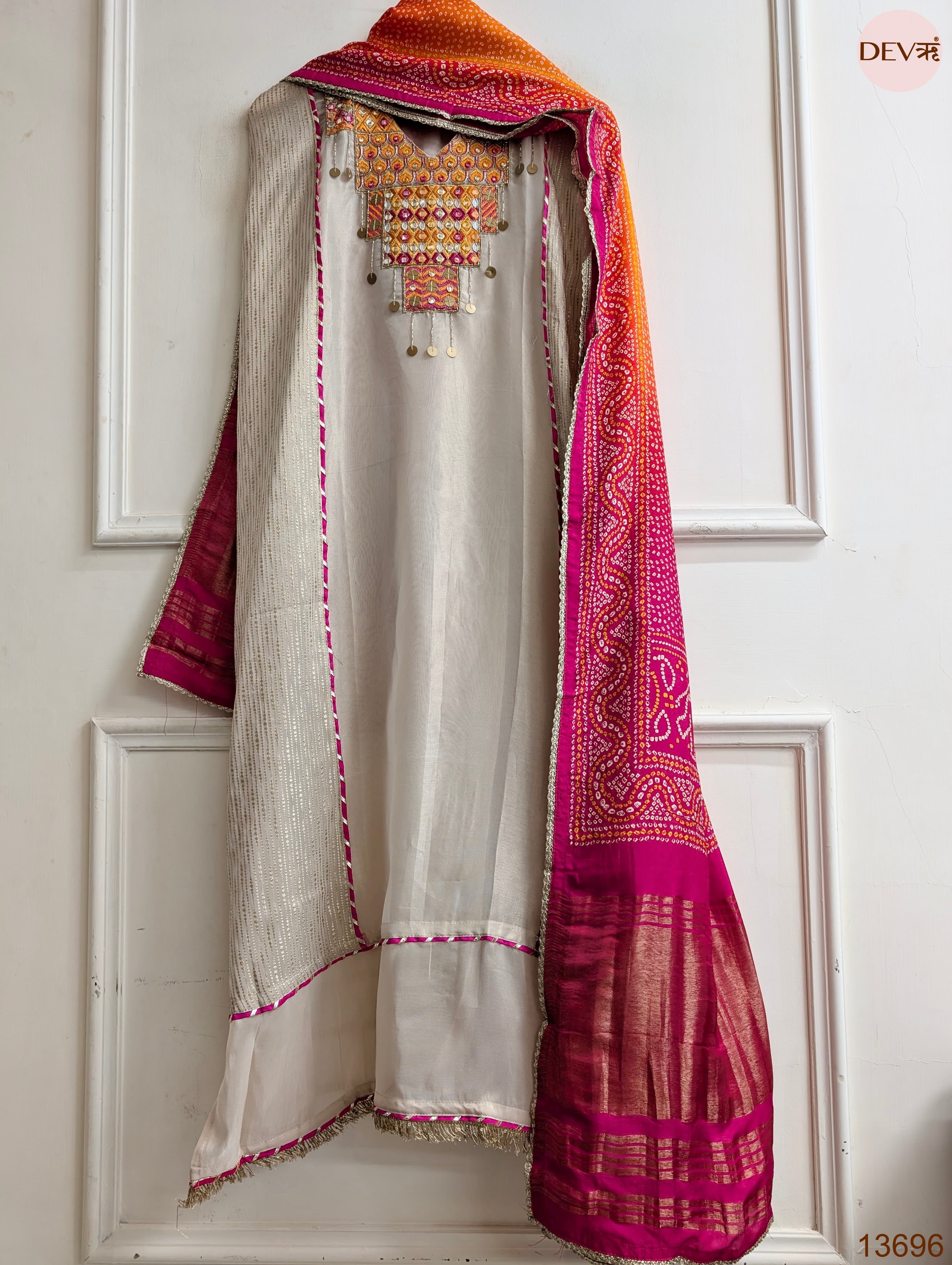 Beige Tissue Silk Hand Unstitched 3-Piece Suit (Devri – D.No 13696)