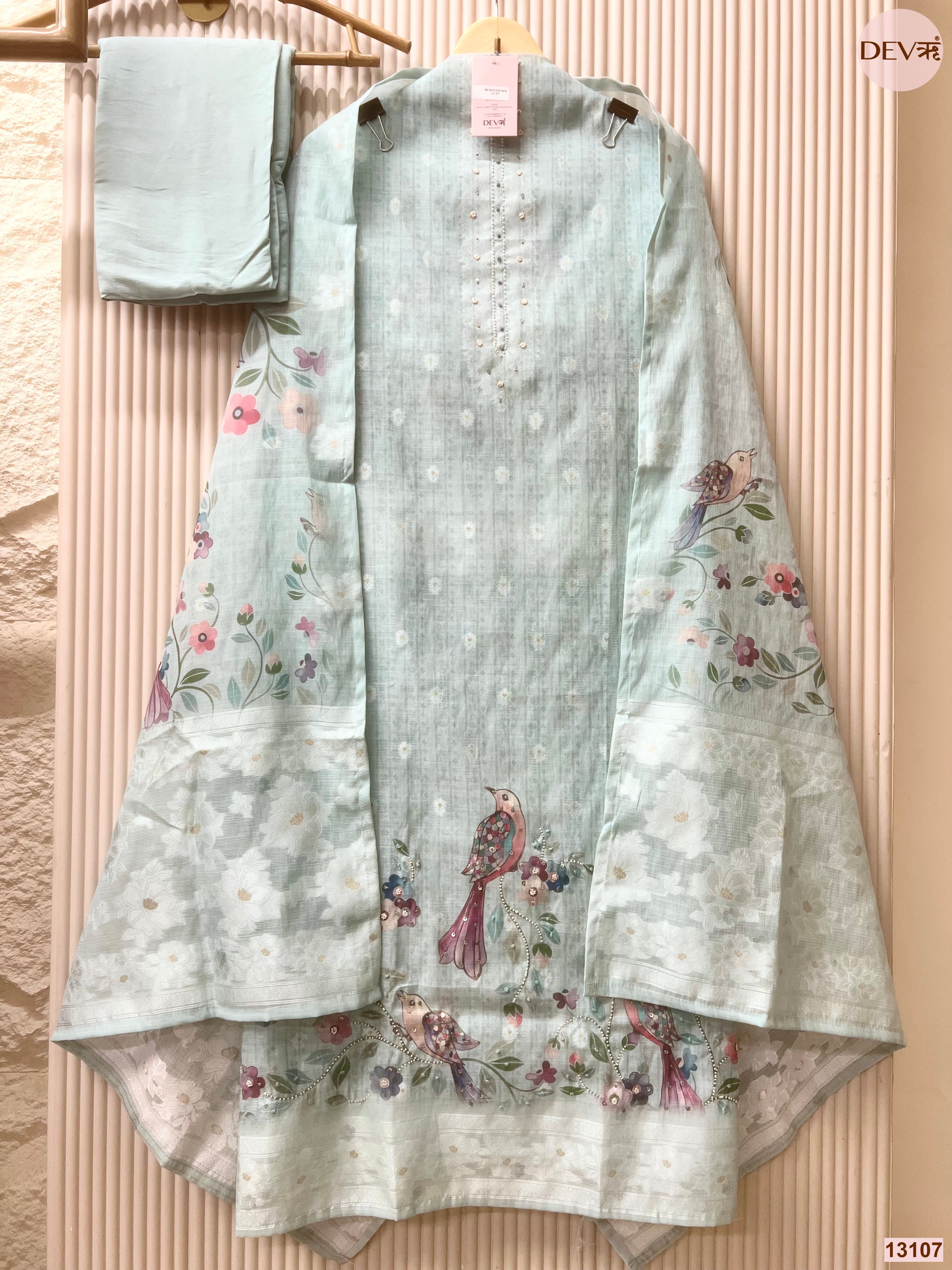 Aqua Linen Cotton Printed Unstitched 3-Piece Suit (Devri – D.No 13107)