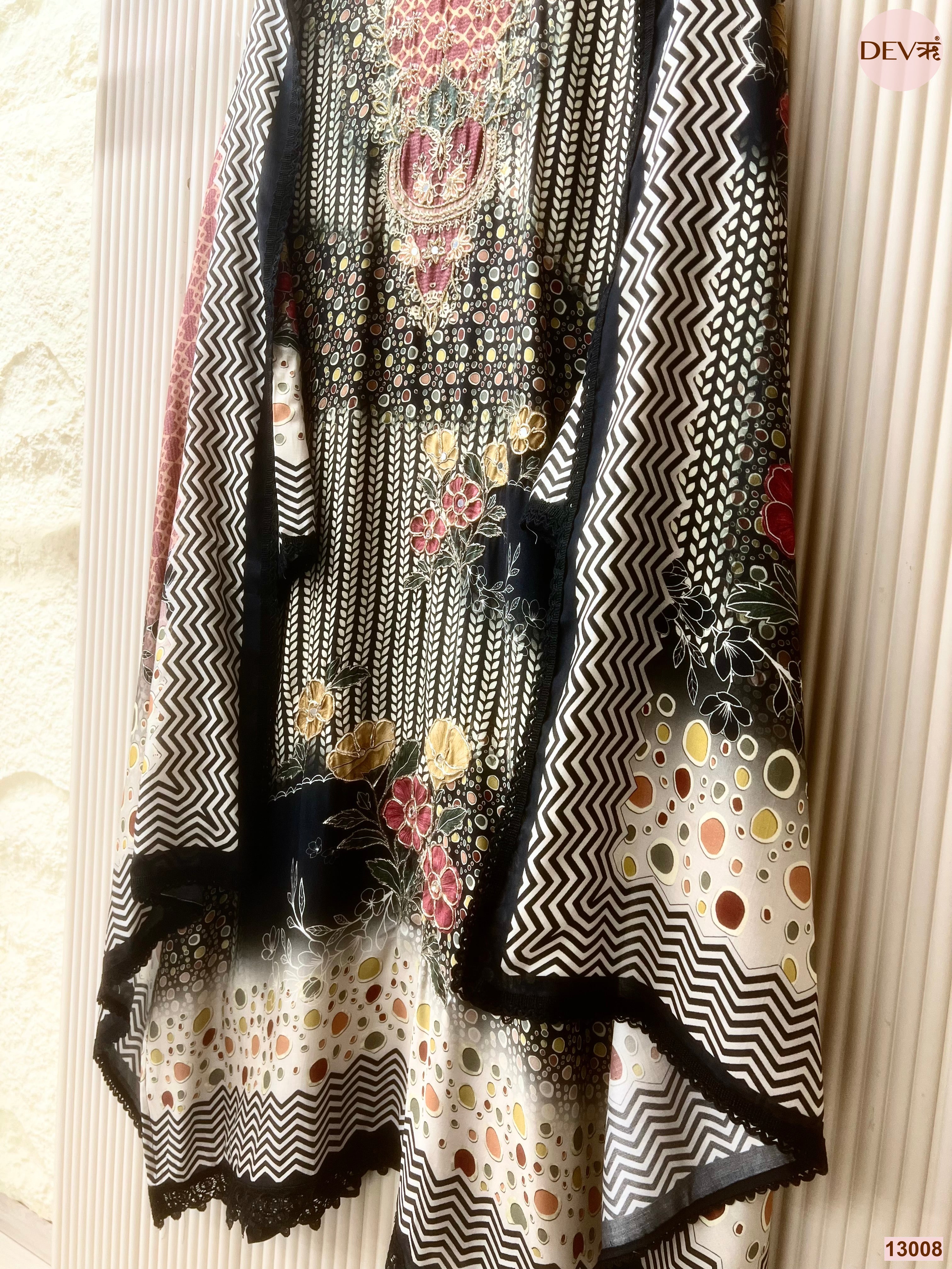 Black Muslin Printed Unstitched 3-Piece Suit (Devri – D.No 13008)