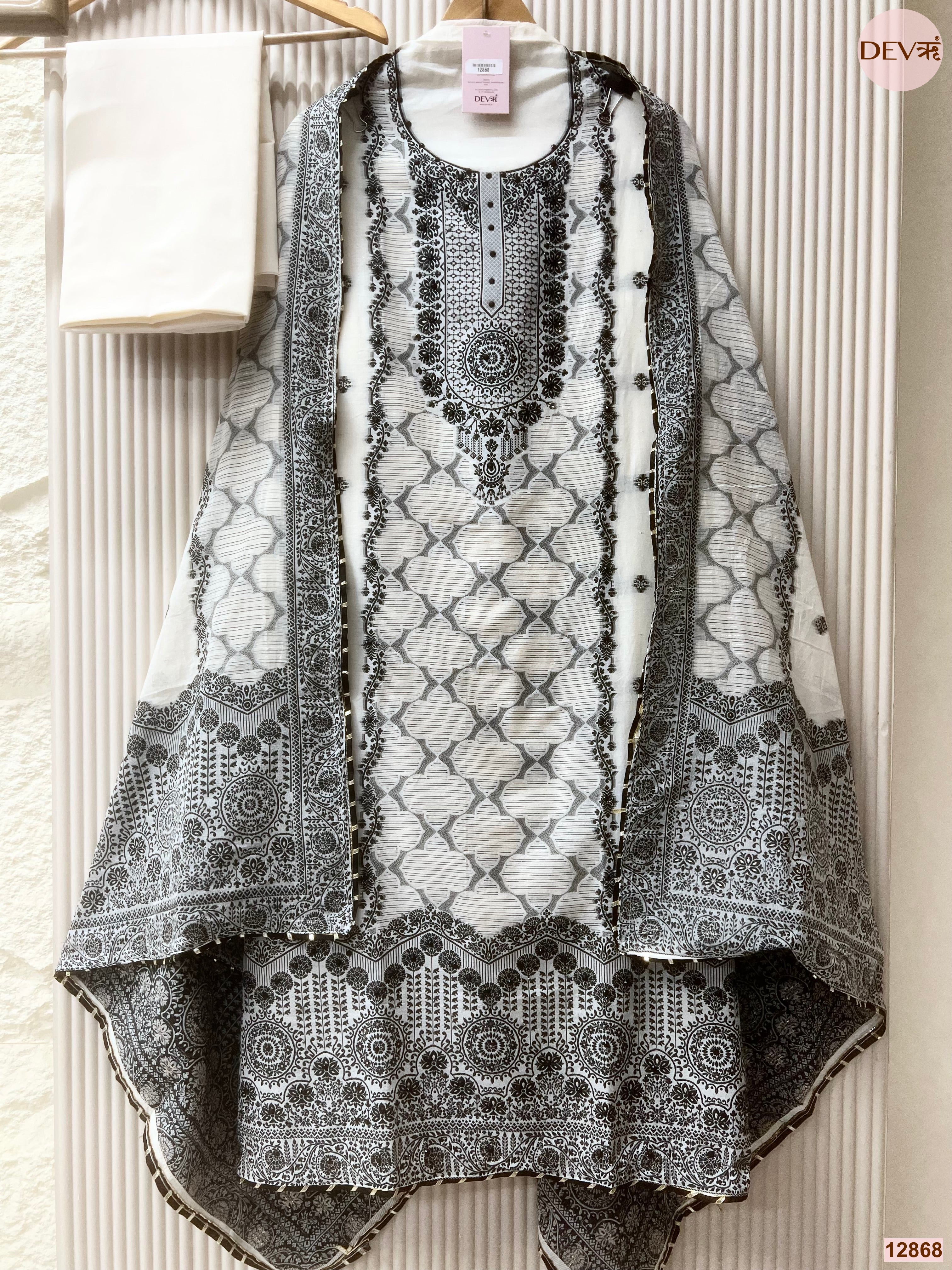 White Jamdani Cotton Printed Unstitched 3-Piece Suit (Devri – D.No 12868)