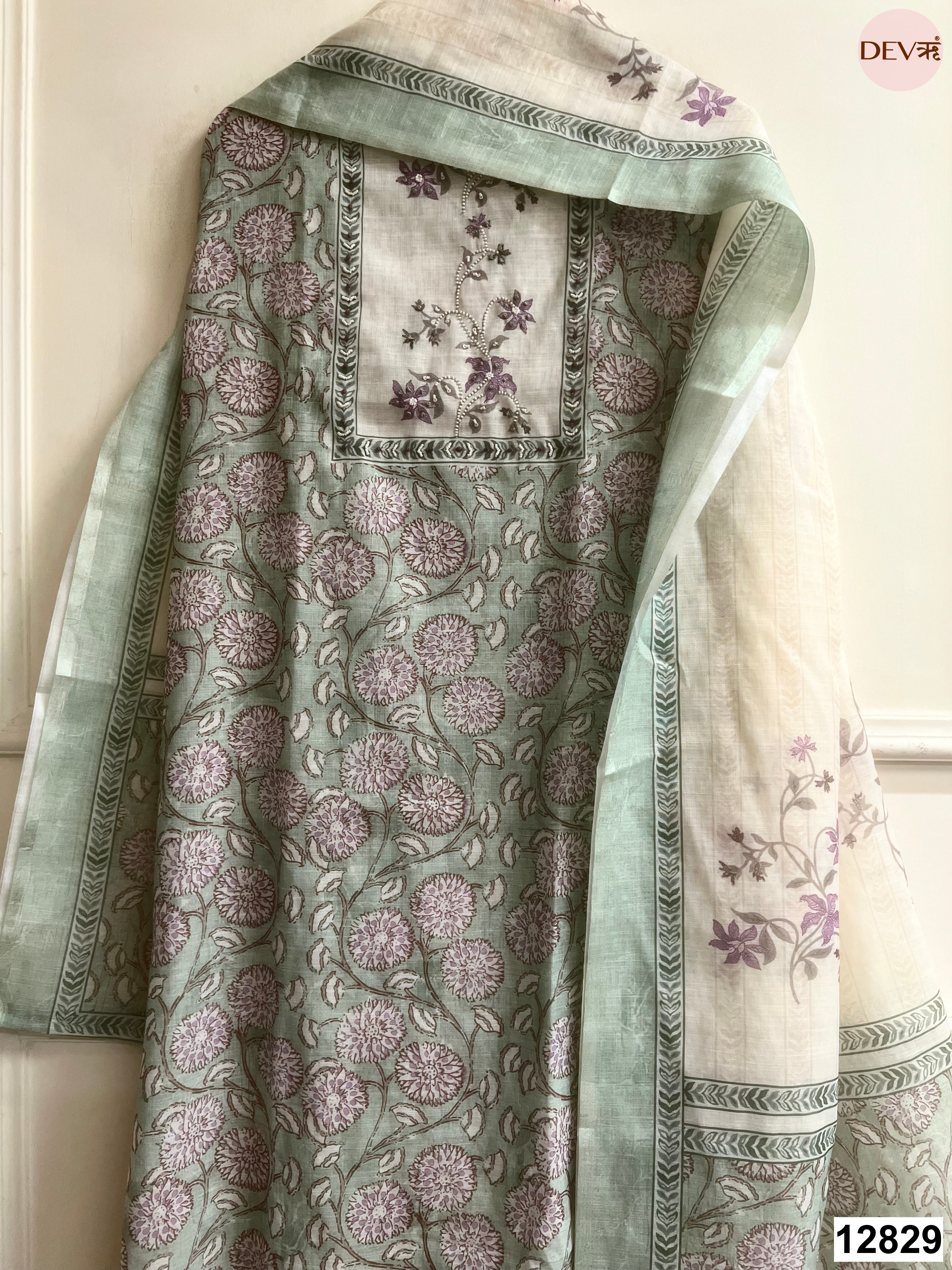 Sage Green Linen Cotton Printed Unstitched 3-Piece Suit (Devri – D.No 12829)