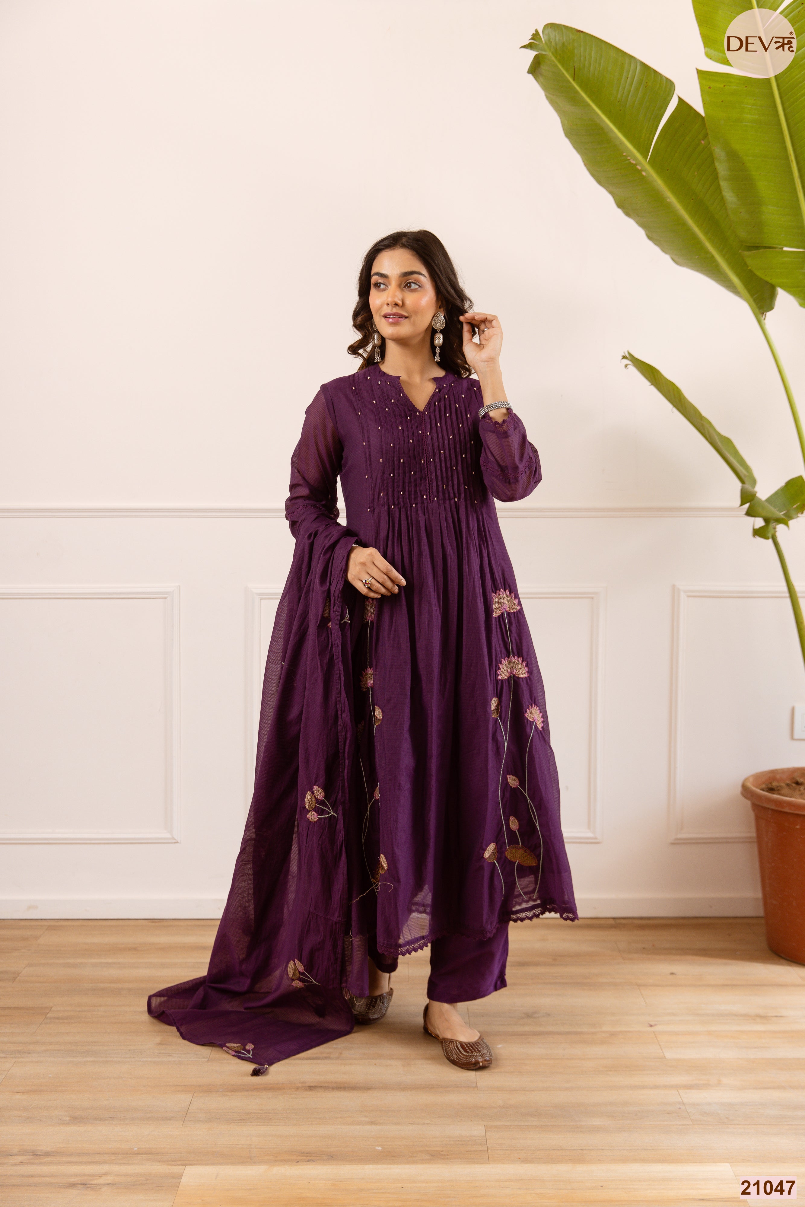 Meher Net Chanderi Embroidered Purple 3-Piece Set (Devri – D.No 21047)