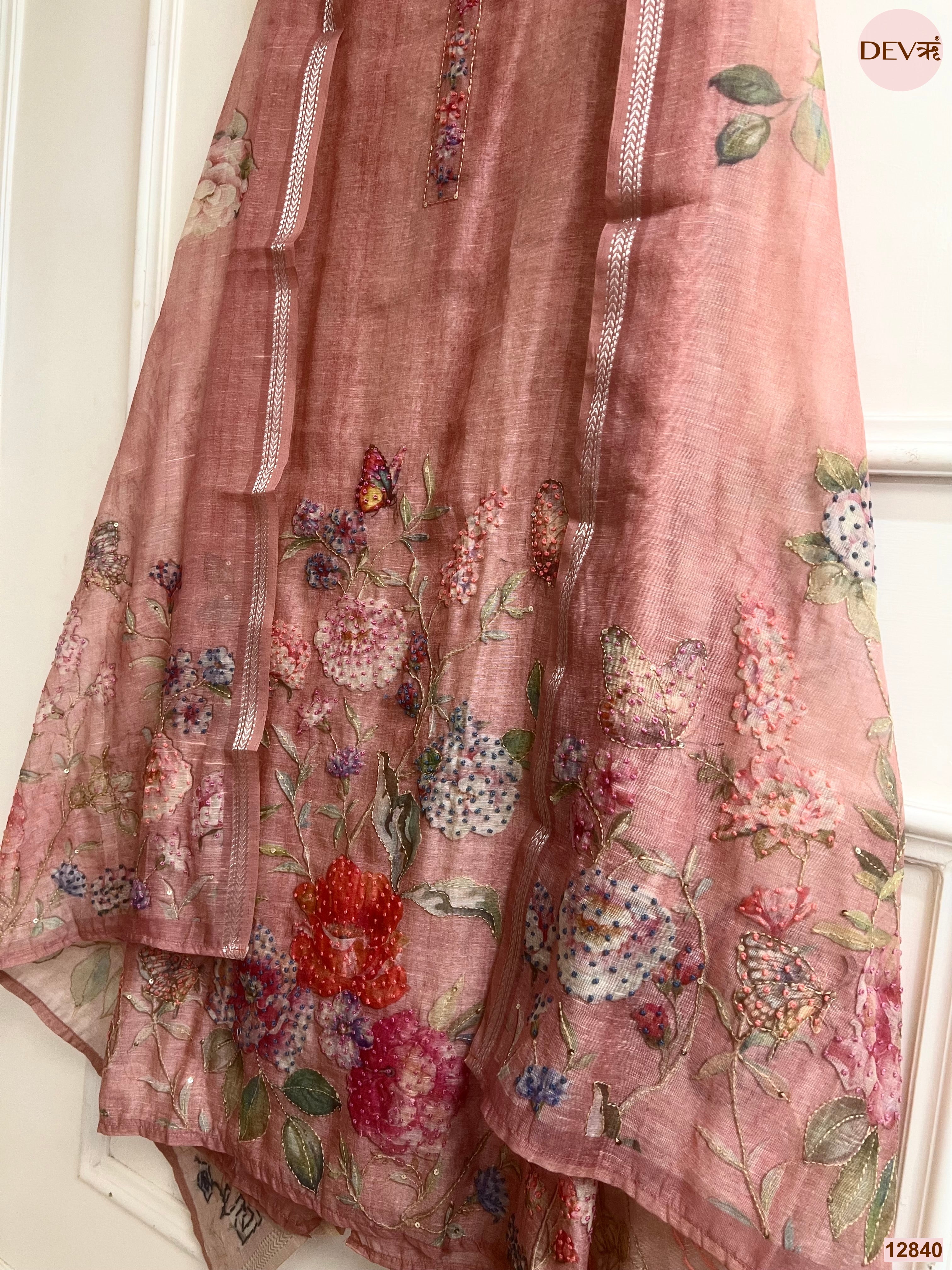 Pink Mul Chanderi Embroidered Unstitched 3-Piece Suit (Devri – D.No 12840)