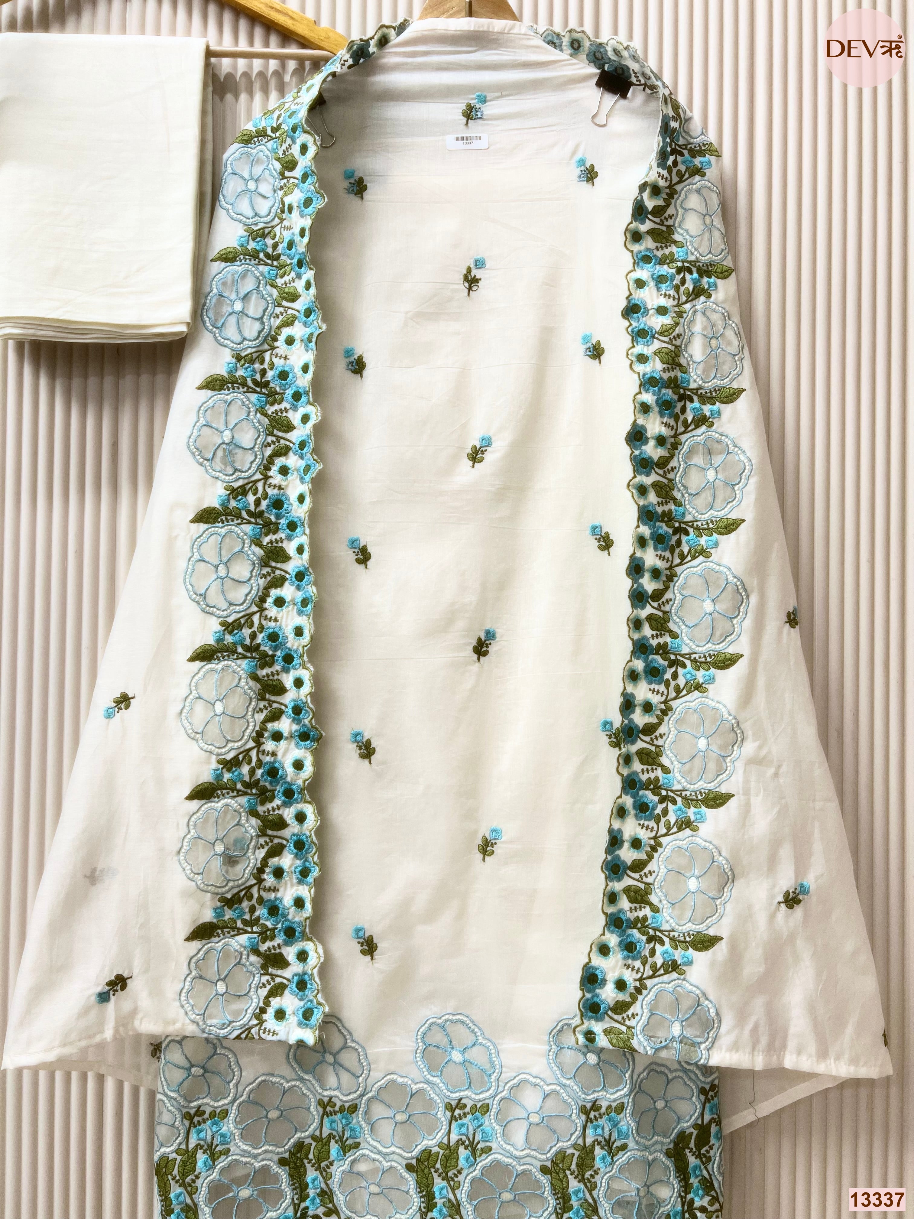 White Mul Chanderi Embroidered Unstitched 3-Piece Suit (Devri – D.No 13337)