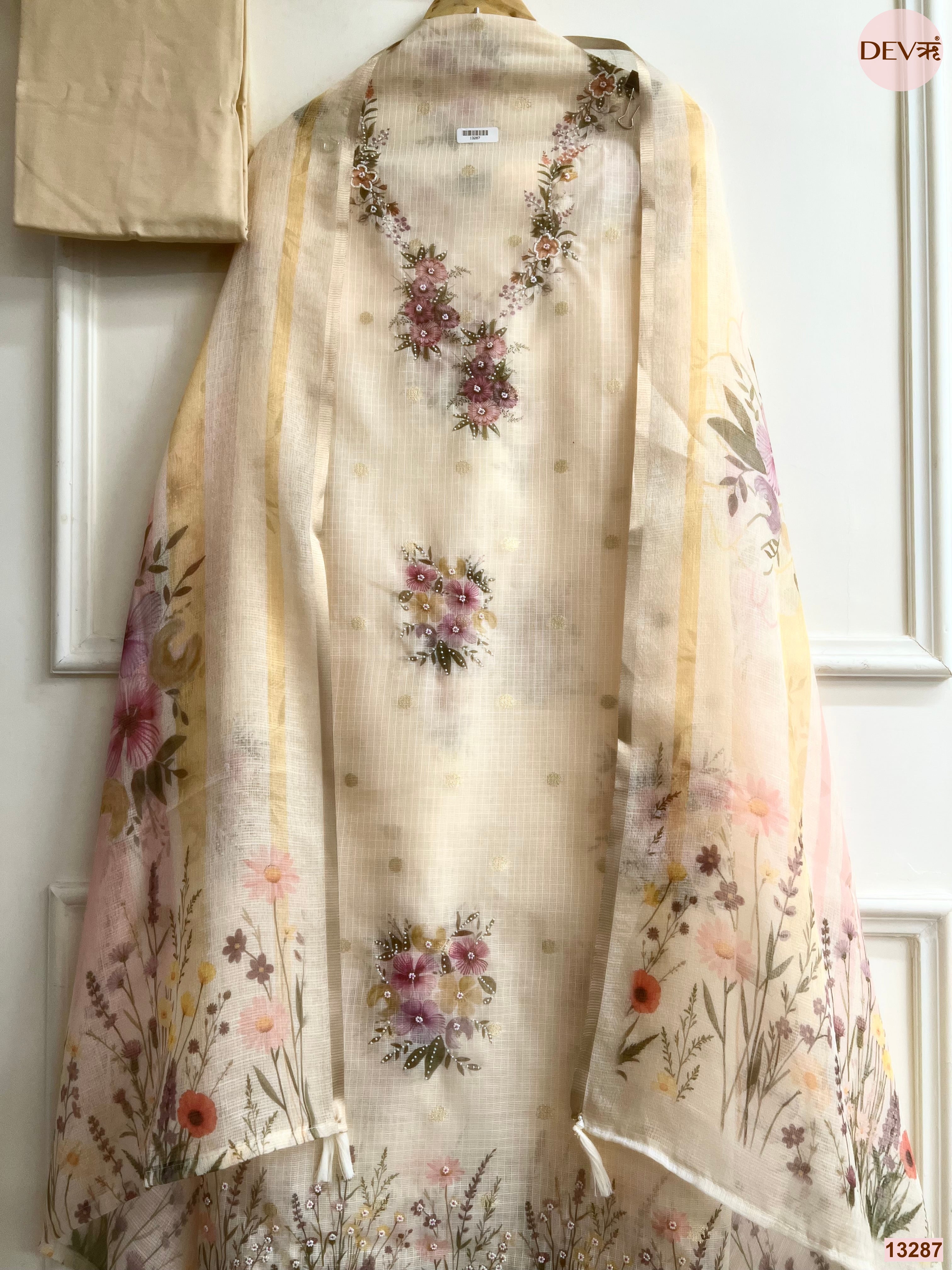 Cream Kota Cotton Printed Unstitched 3-Piece Suit (Devri – D.No 13287)