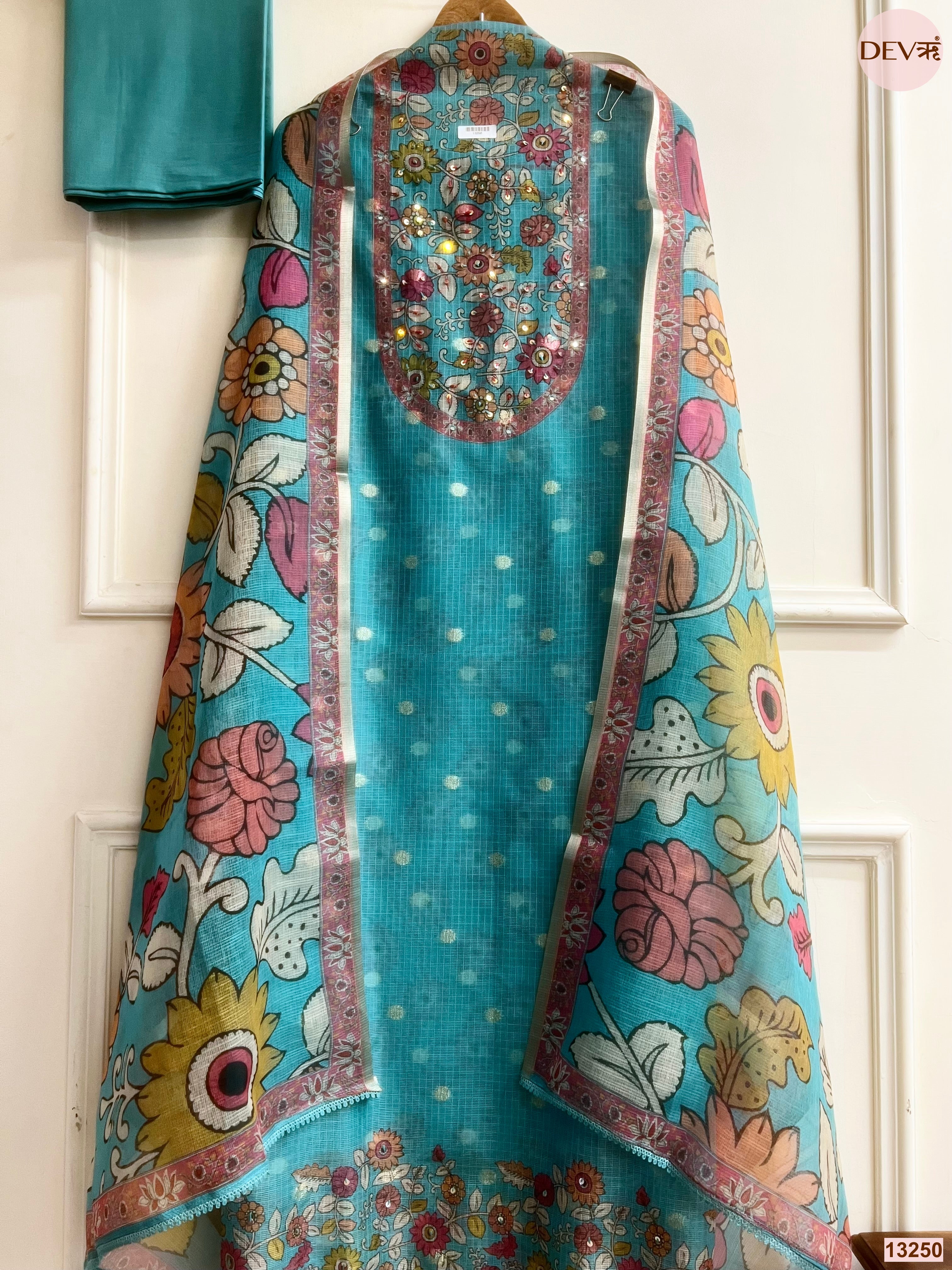 Turquoise Kota Printed Unstitched 3-Piece Suit (Devri – D.No 13250)