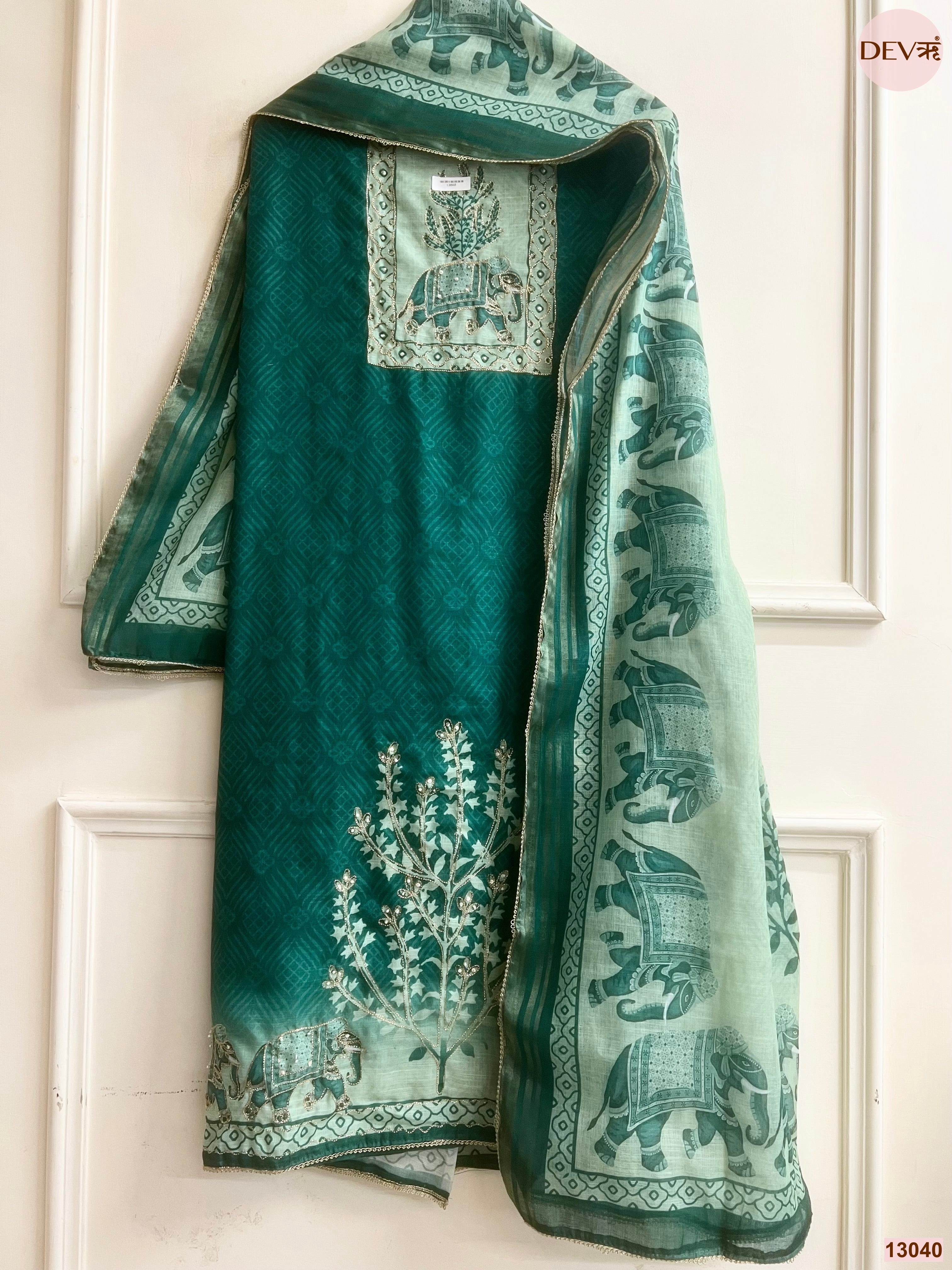 Green Linen Cotton Printed Unstitched 3-Piece Suit (Devri – D.No 13040)