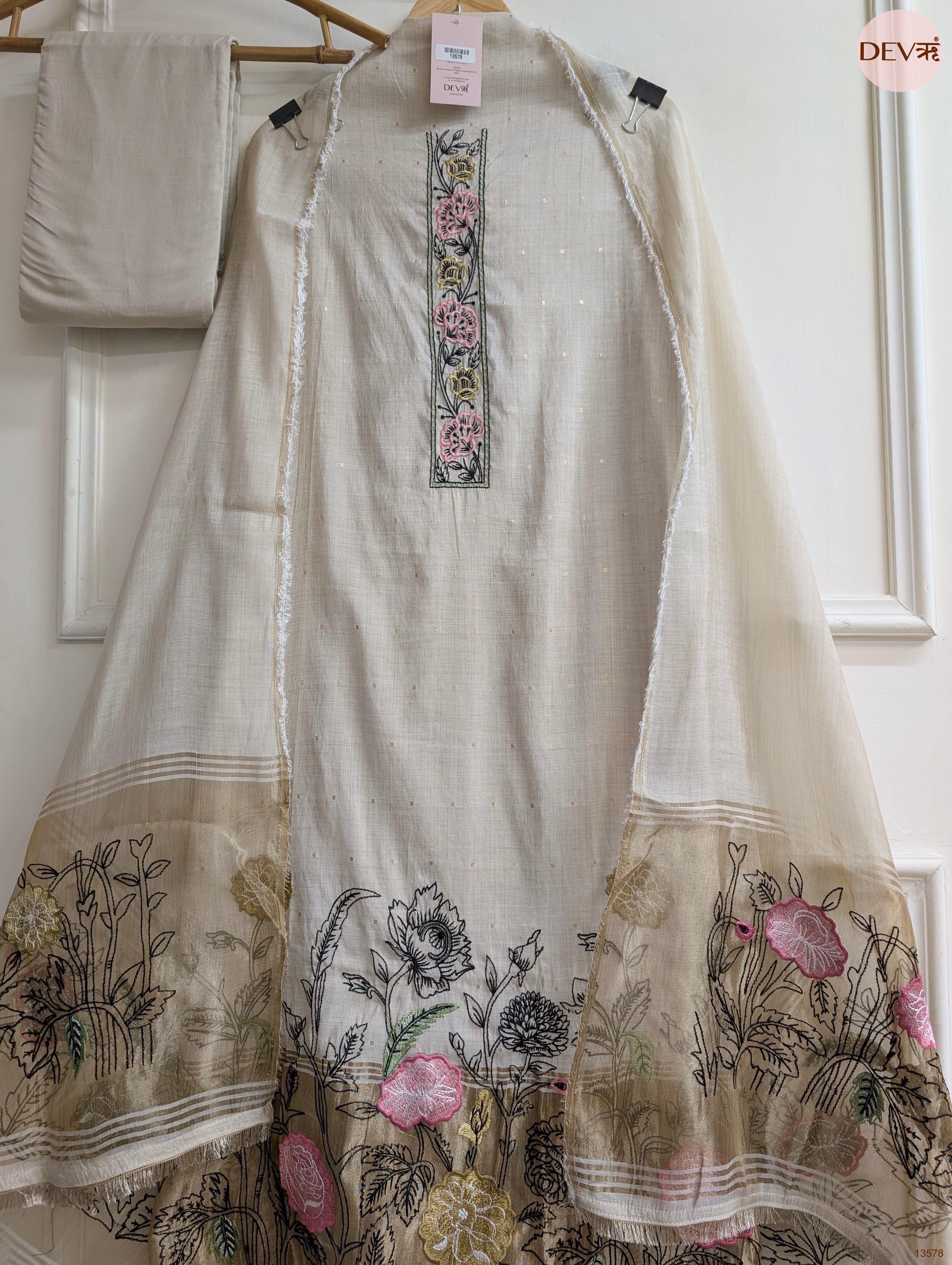 Beige Mul Chanderi Embroidered Unstitched 3-Piece Suit (Devri – D.No 13578)
