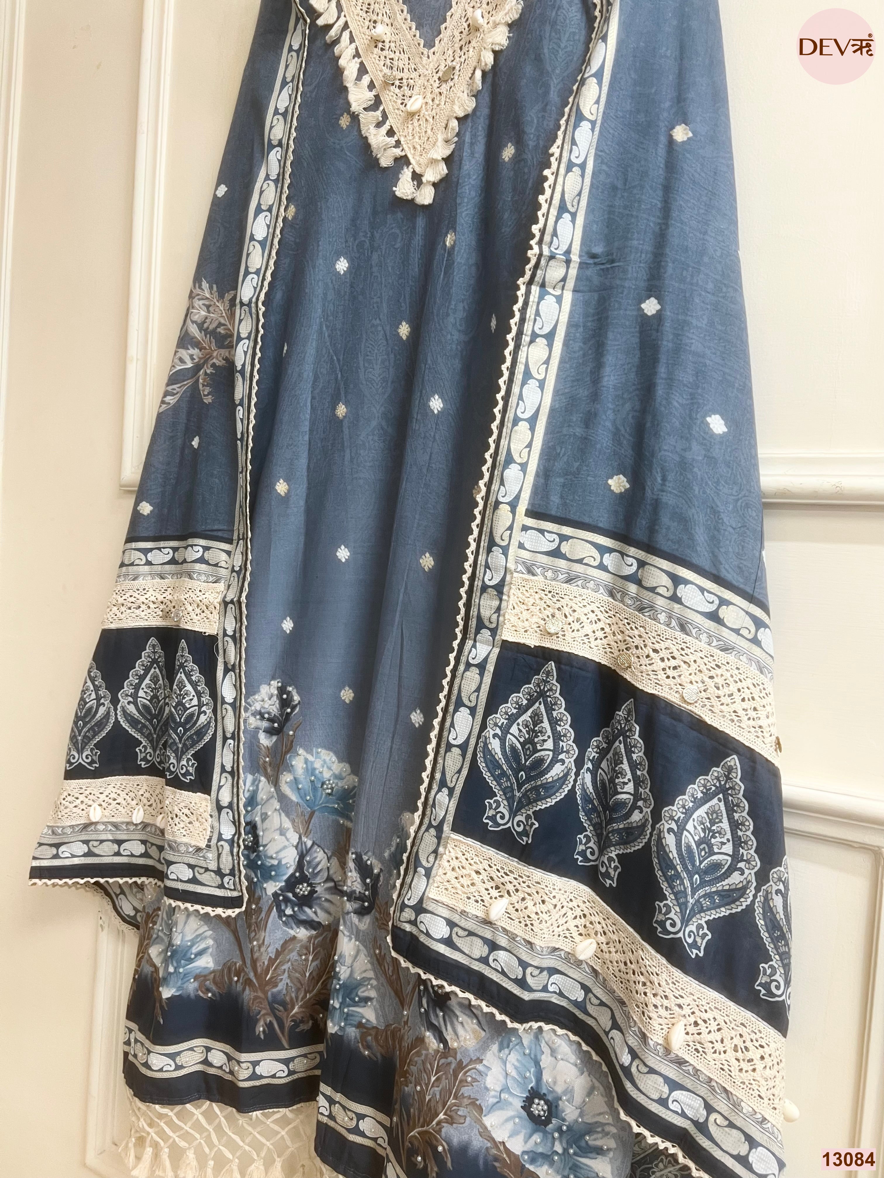 Blue Cotton Printed Unstitched 3-Piece Suit (Devri – D.No 13084)