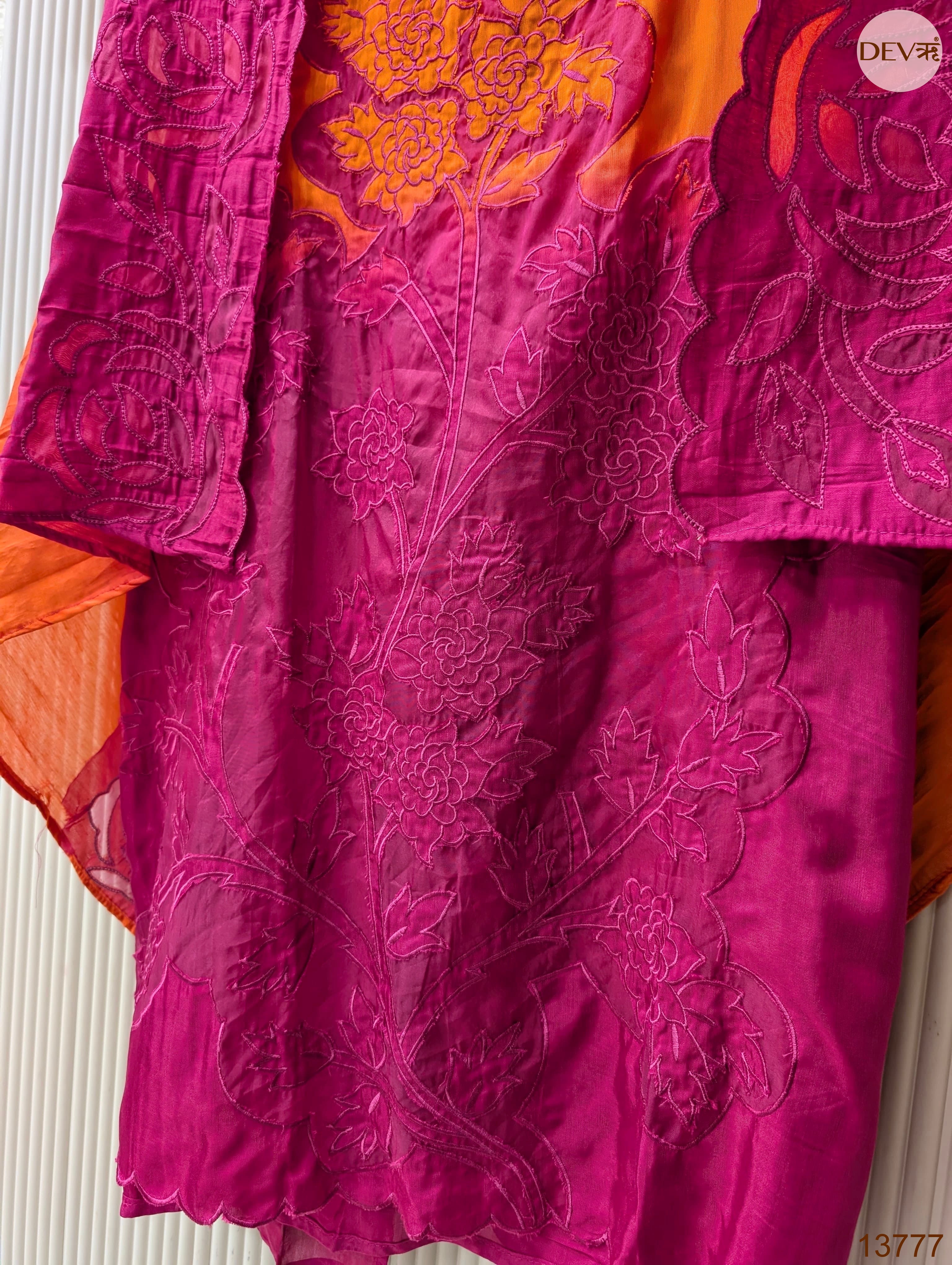Orange Muslin Embroidered Unstitched 3-Piece Suit (Devri – D.No 13777)