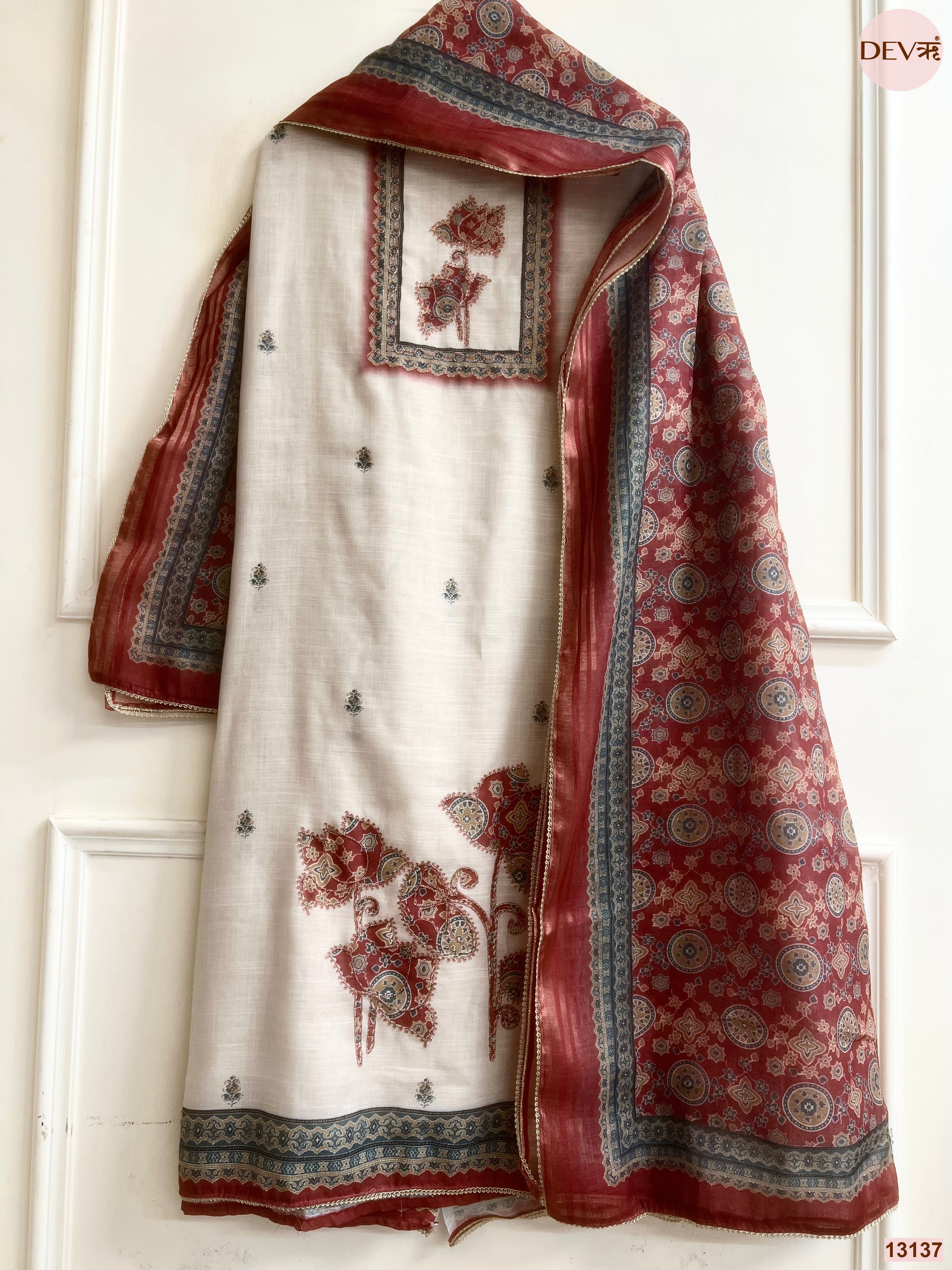 Cream Linen Printed Unstitched 3-Piece Suit (Devri – D.No 13137)