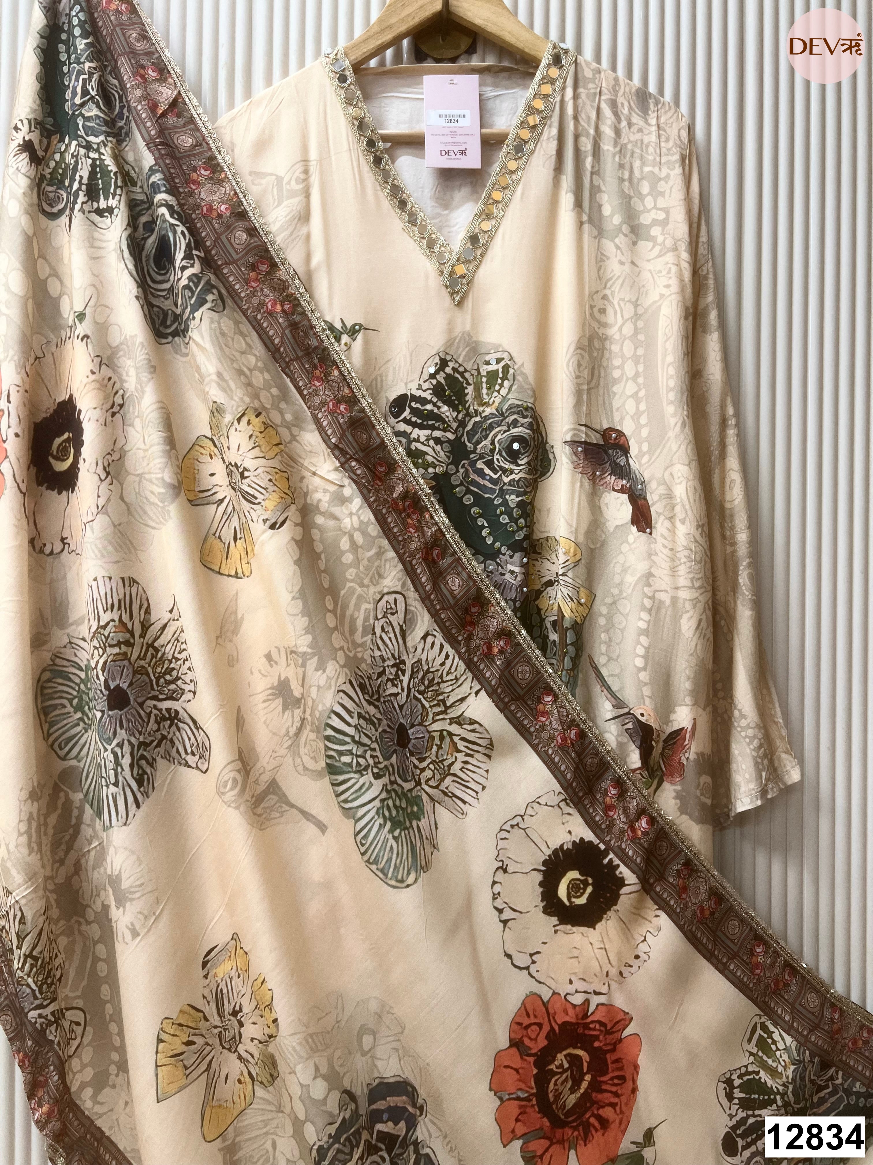 Cream Muslin Printed Unstitched 3-Piece Suit (Devri – D.No 12834)