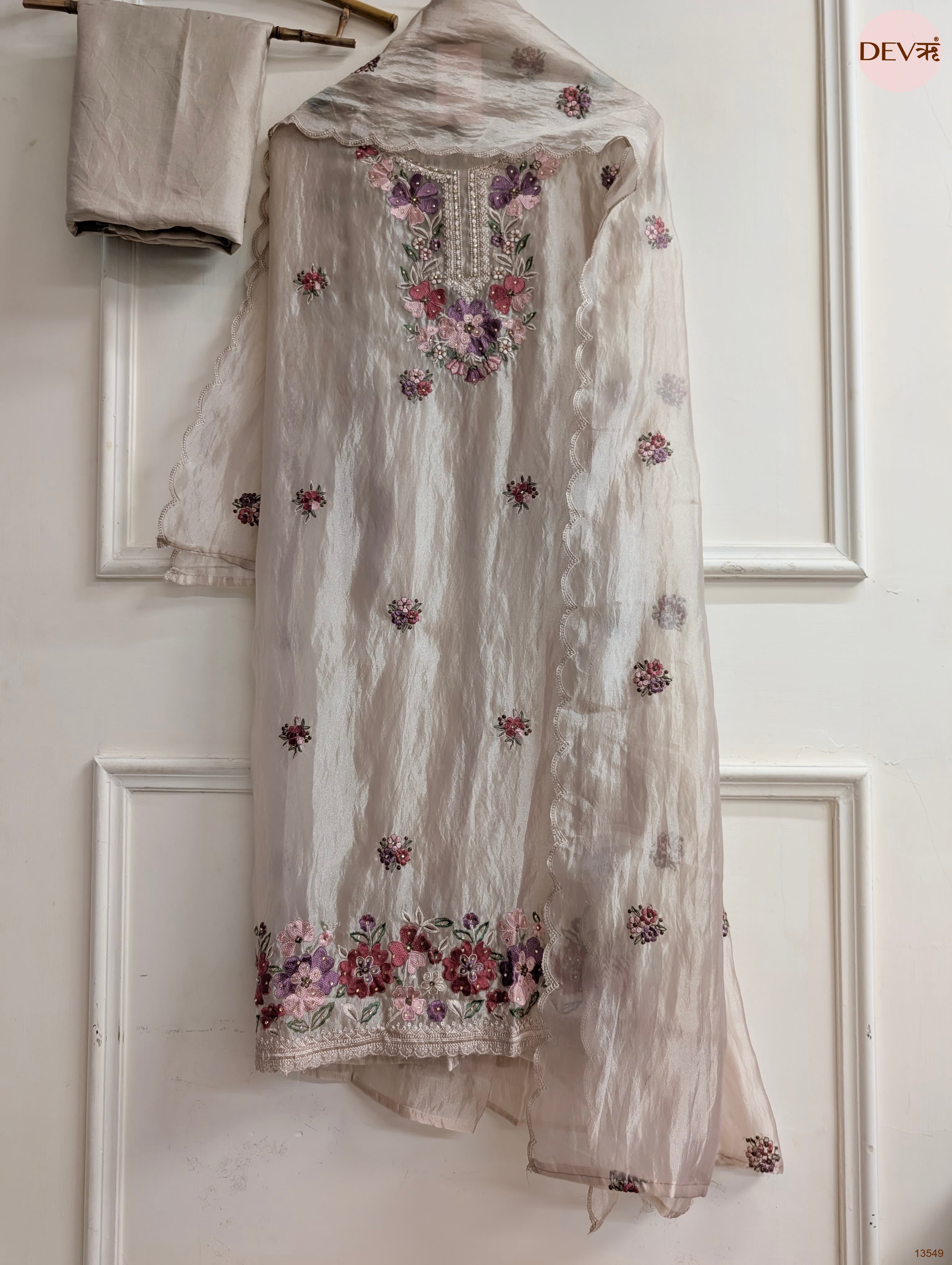 Beige Tissue Organza Silk Embroidered Unstitched 3-Piece Suit (Devri – D.No 13549)