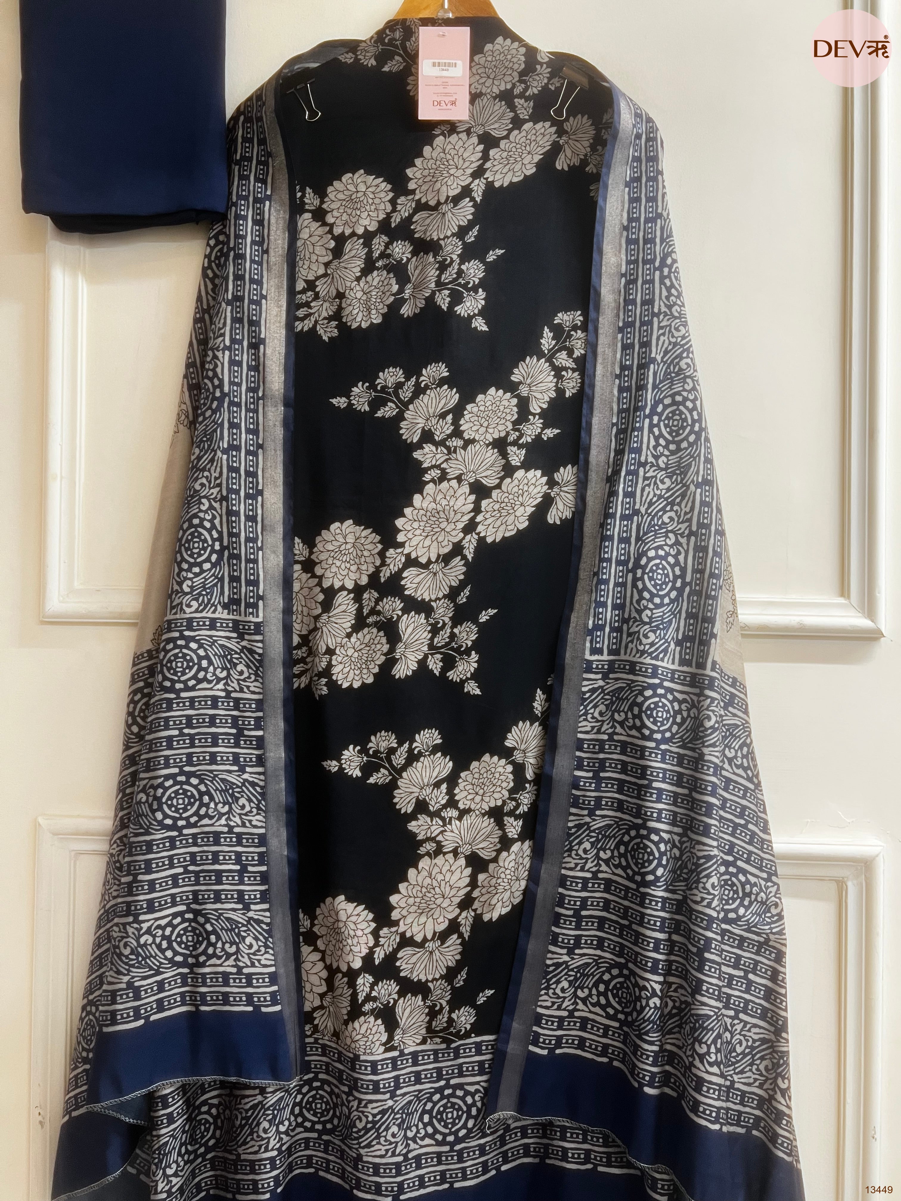 Navy Maheshwari Silk Printed Unstitched 3-Piece Suit (Devri – D.No 13449)