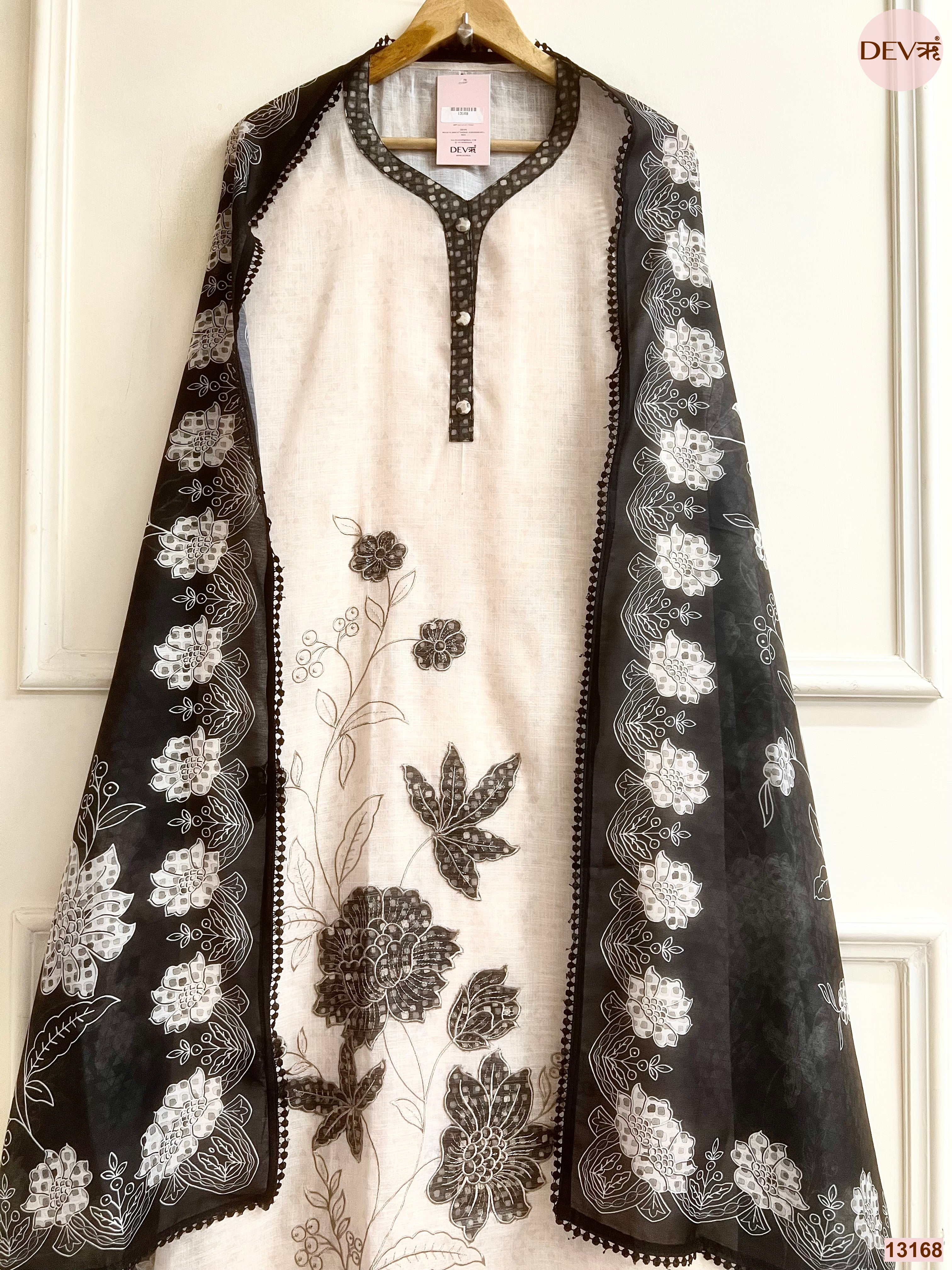 Cream Linen Cotton Printed Unstitched 3-Piece Suit (Devri – D.No 13168)
