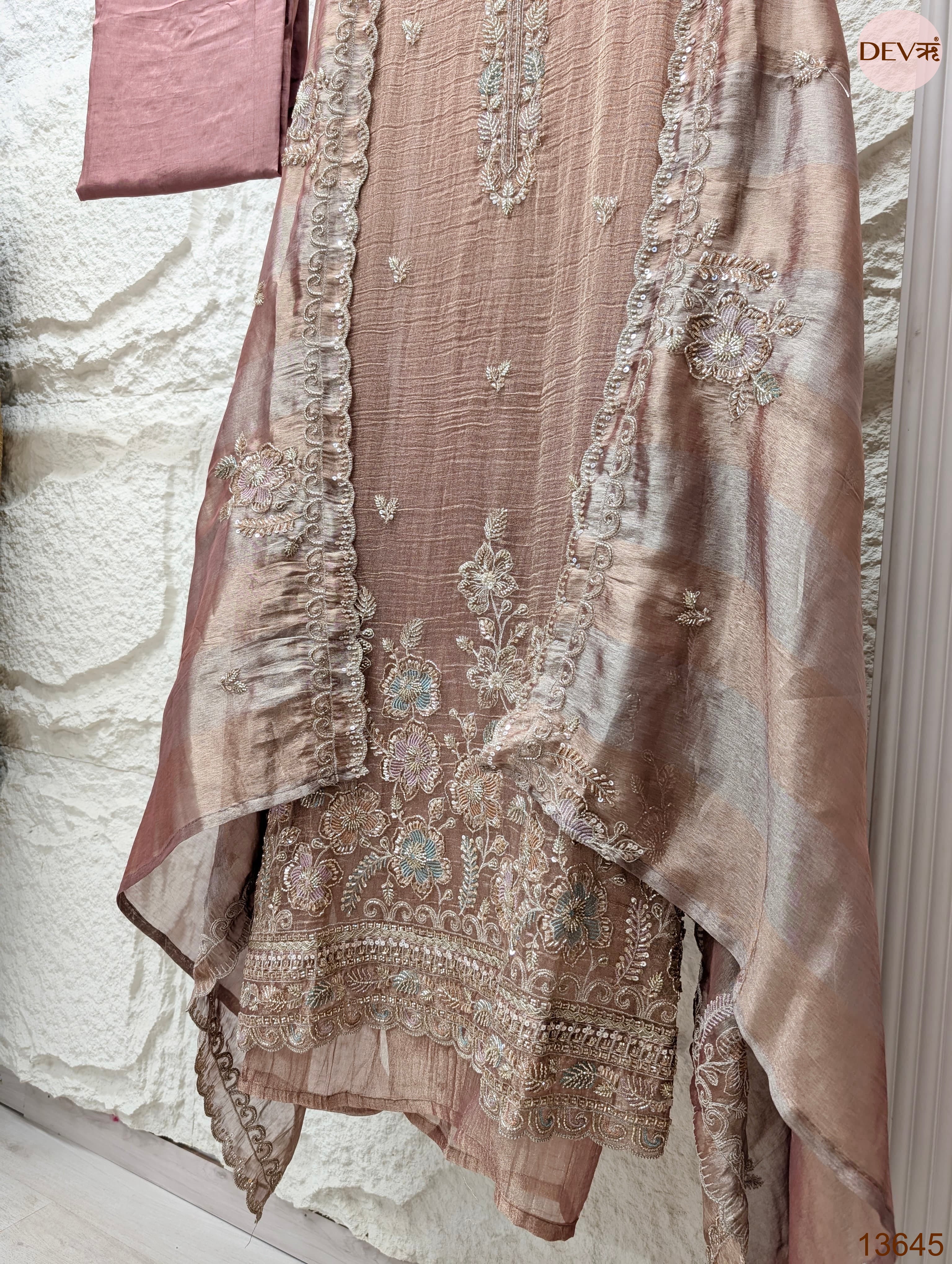 Pink Tissue Crush Silk Embroidered Unstitched 3-Piece Suit (Devri – D.No 13645)