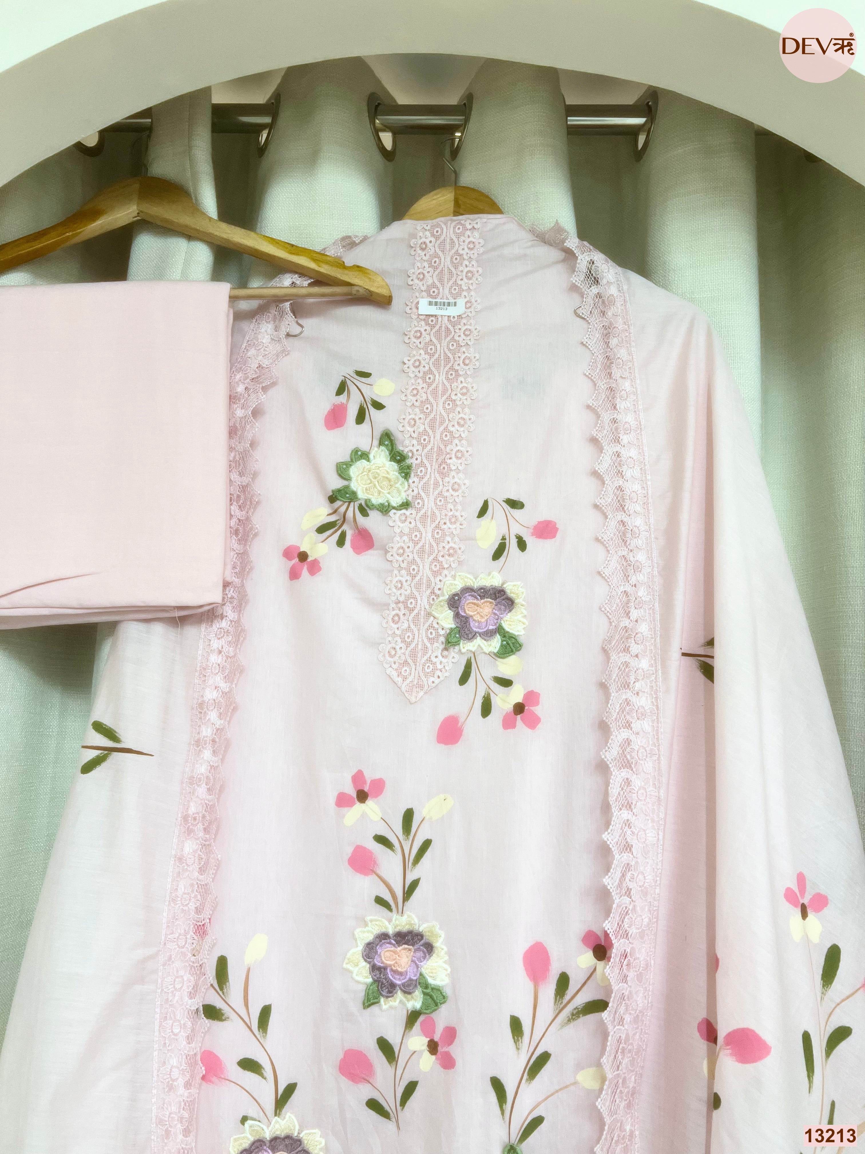 Pink Mul Chanderi Embroidered Unstitched 3-Piece Suit (Devri – D.No 13213)