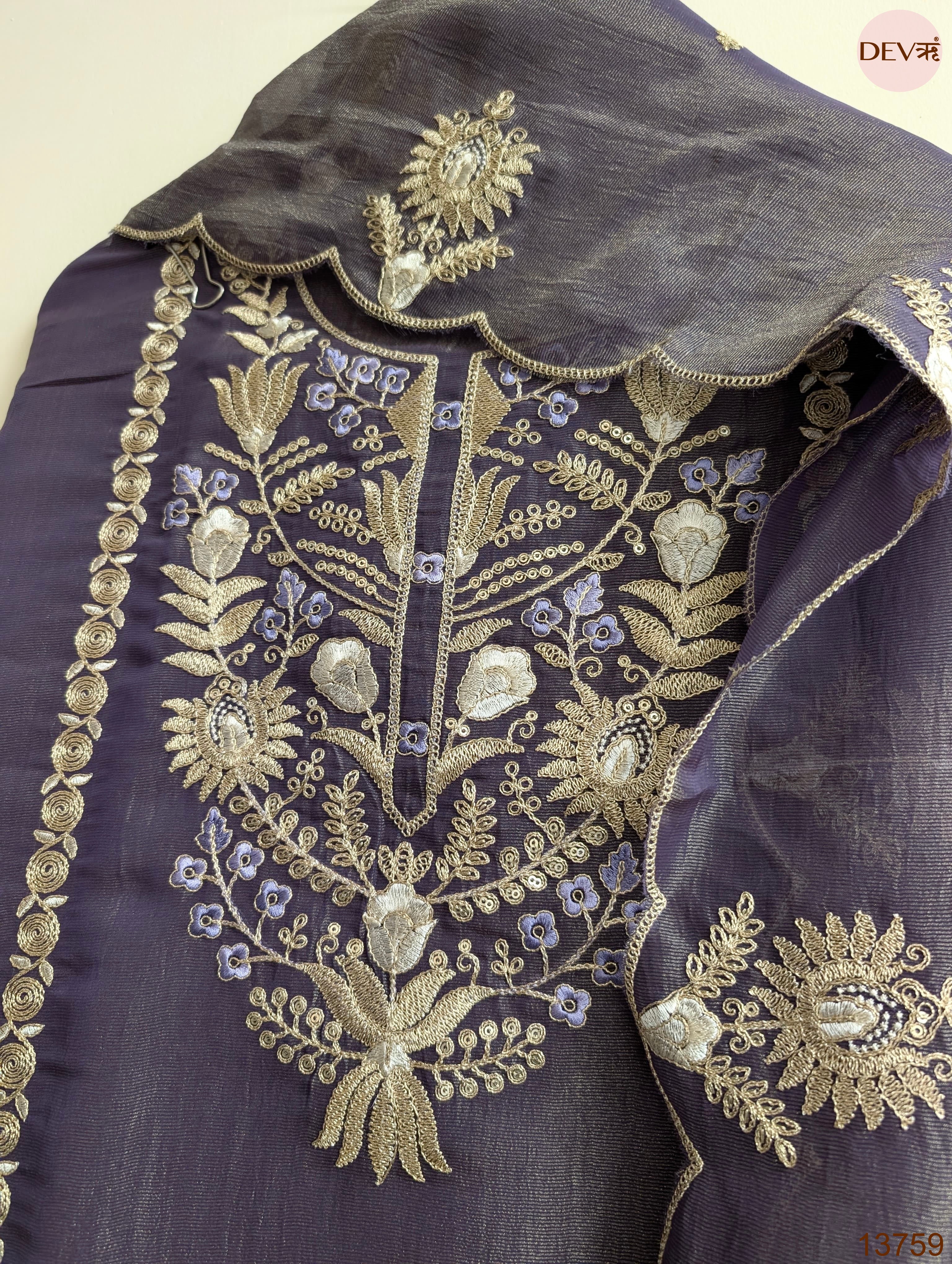 Purple Pure Tissue Silk Embroidered Unstitched 3-Piece Suit (Devri – D.No 13759)
