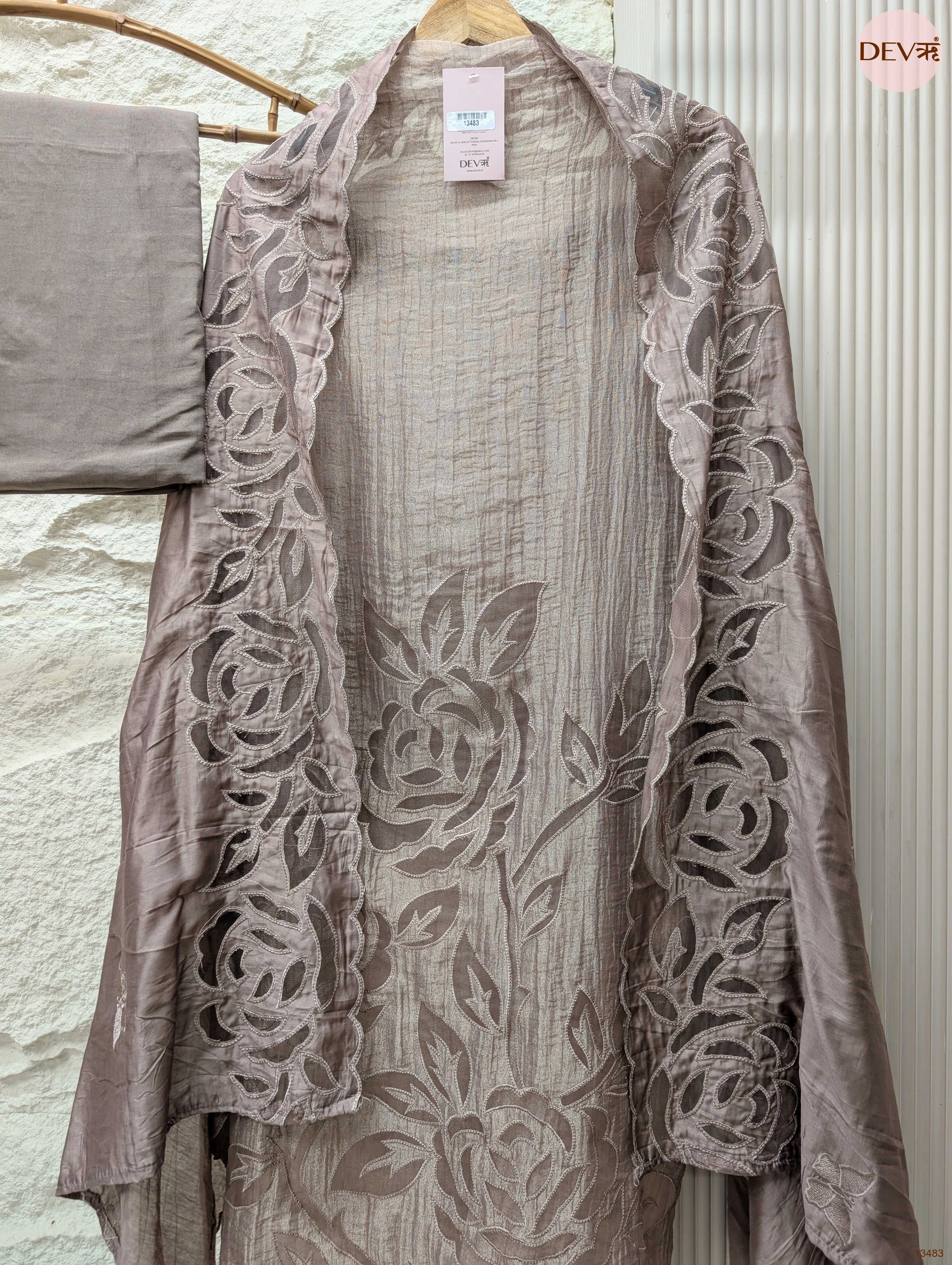 Taupe Tissue Crush Silk Chanderi Embroidered Unstitched 3-Piece Suit (Devri – D.No 13483)