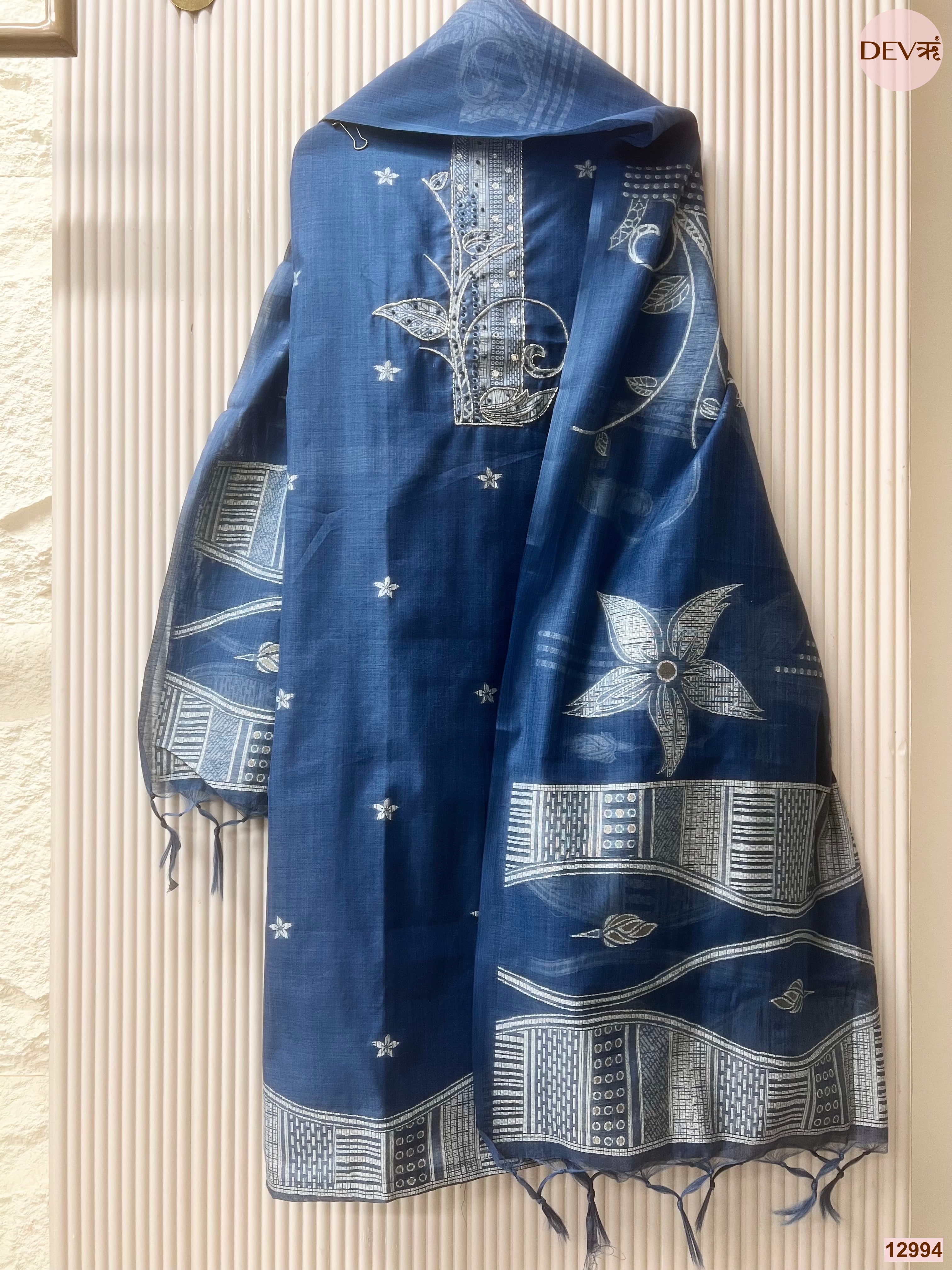 Blue Linen Cotton Printed Unstitched 3-Piece Suit (Devri – D.No 12994)