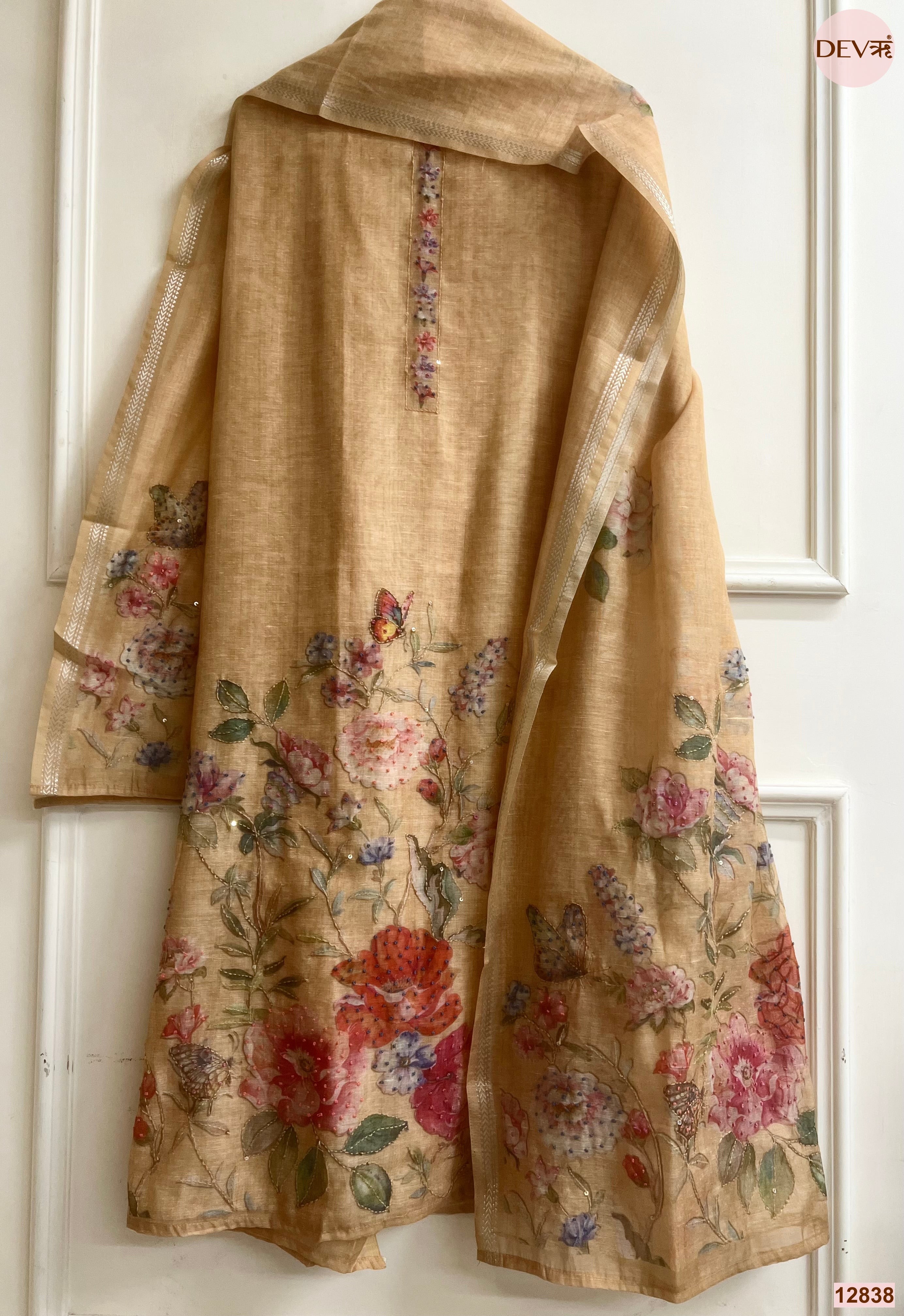 Beige Mul Chanderi Printed Unstitched 3-Piece Suit (Devri – D.No 12838)