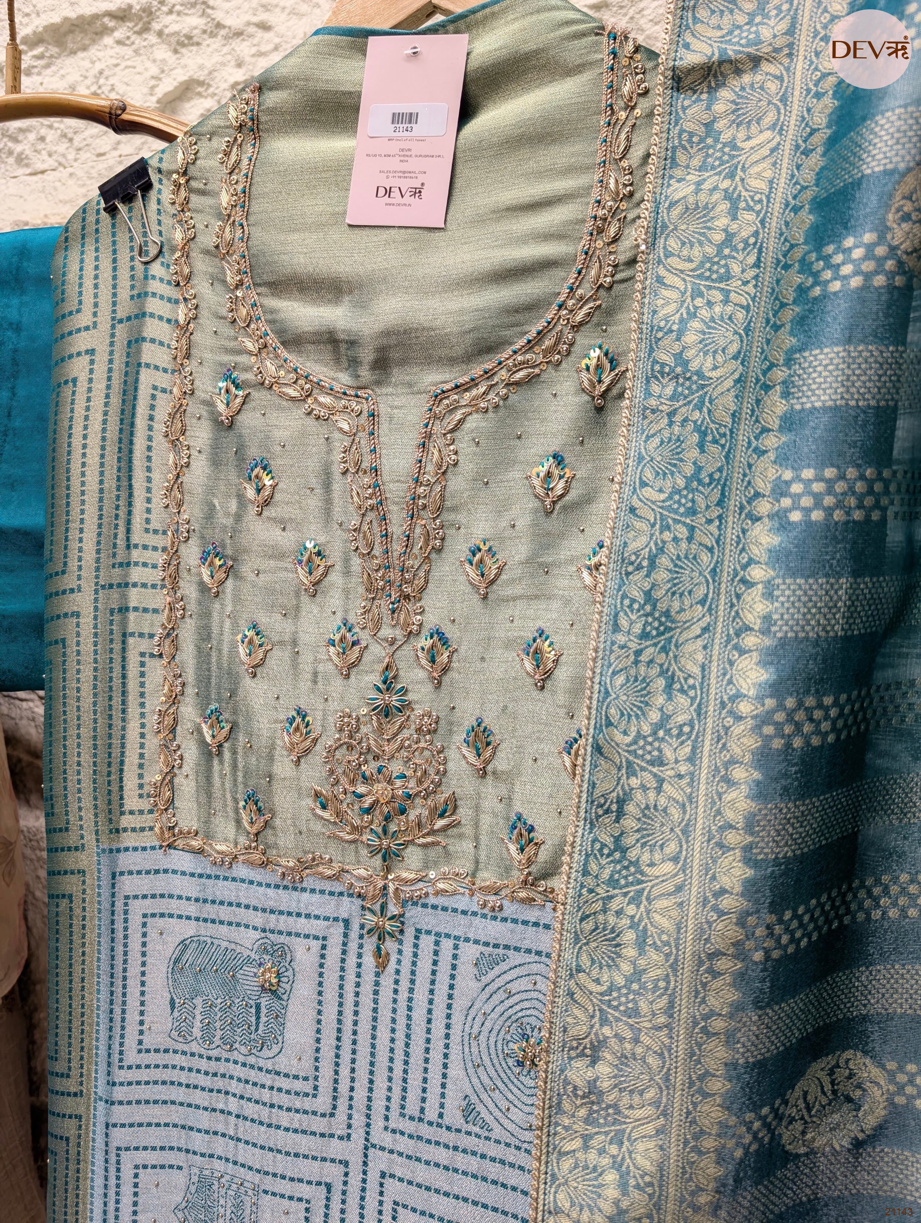 Teal Pure Girafe Banarasi Silk Printed Unstitched 3-Piece Suit (Devri – D.No 21143)