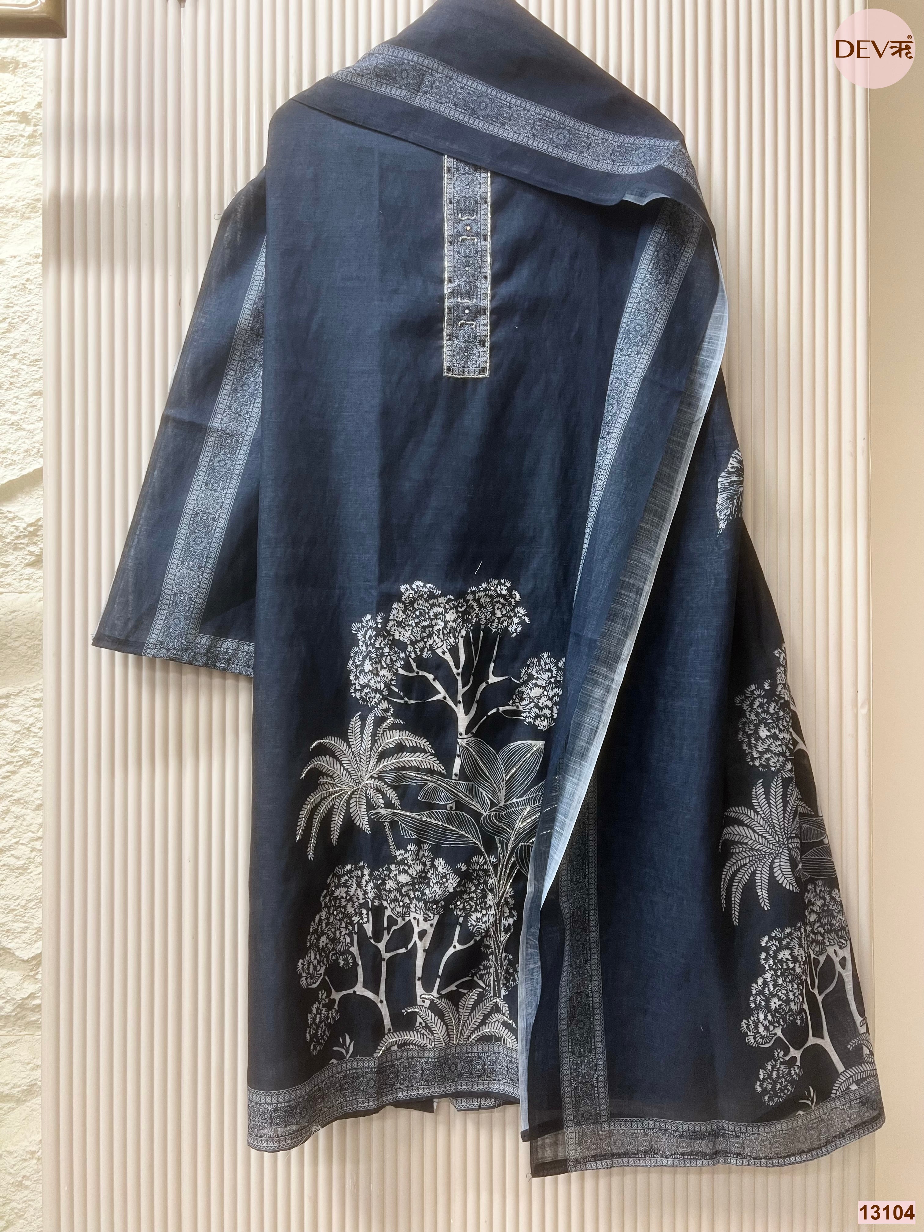 Navy Linen Cotton Printed Unstitched 3-Piece Suit (Devri – D.No 13104)