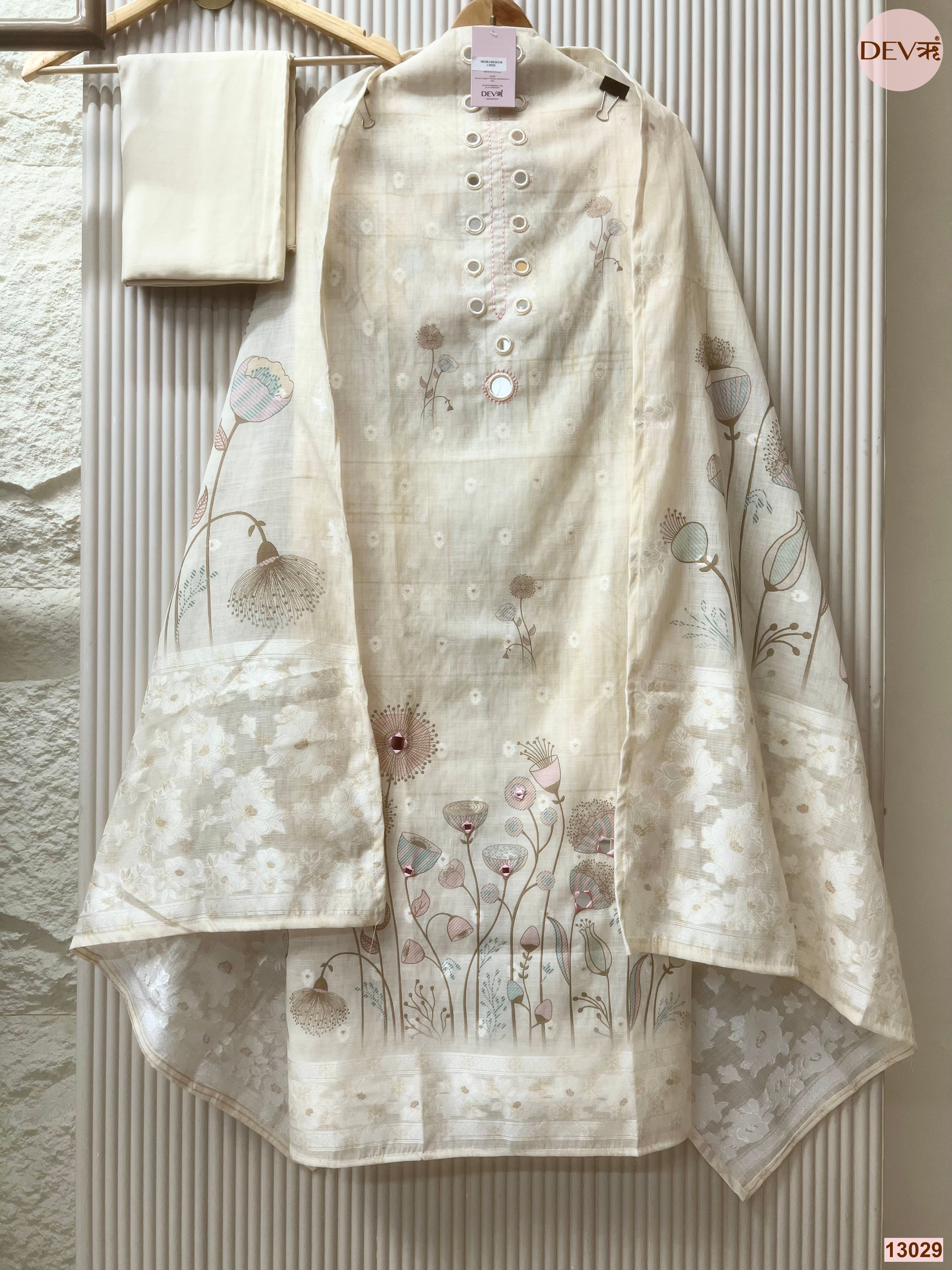 Cream Pure Linen Printed Unstitched 3-Piece Suit (Devri – D.No 13029)