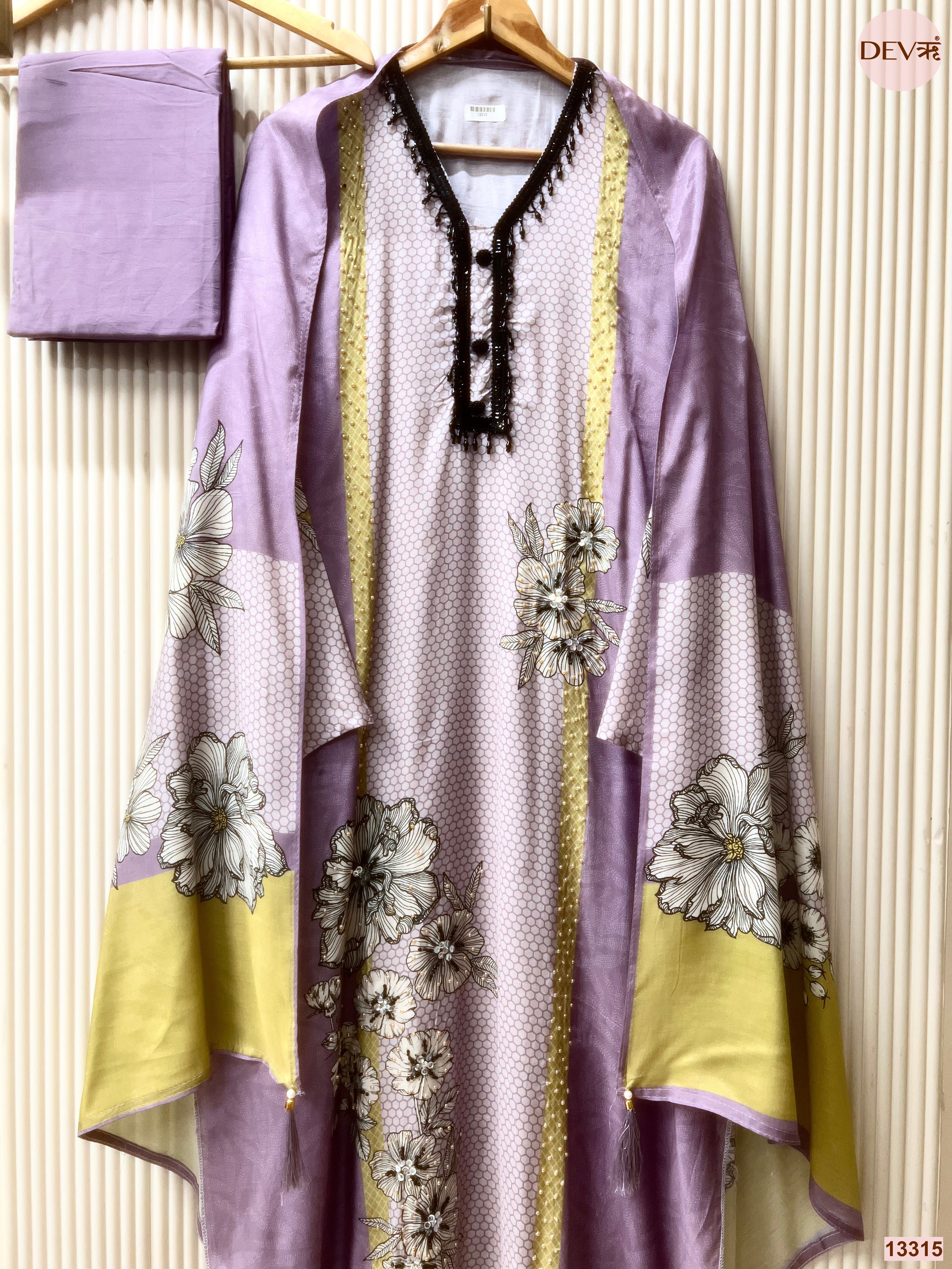 Purple Muslin Printed Unstitched 3-Piece Suit (Devri – D.No 13315)