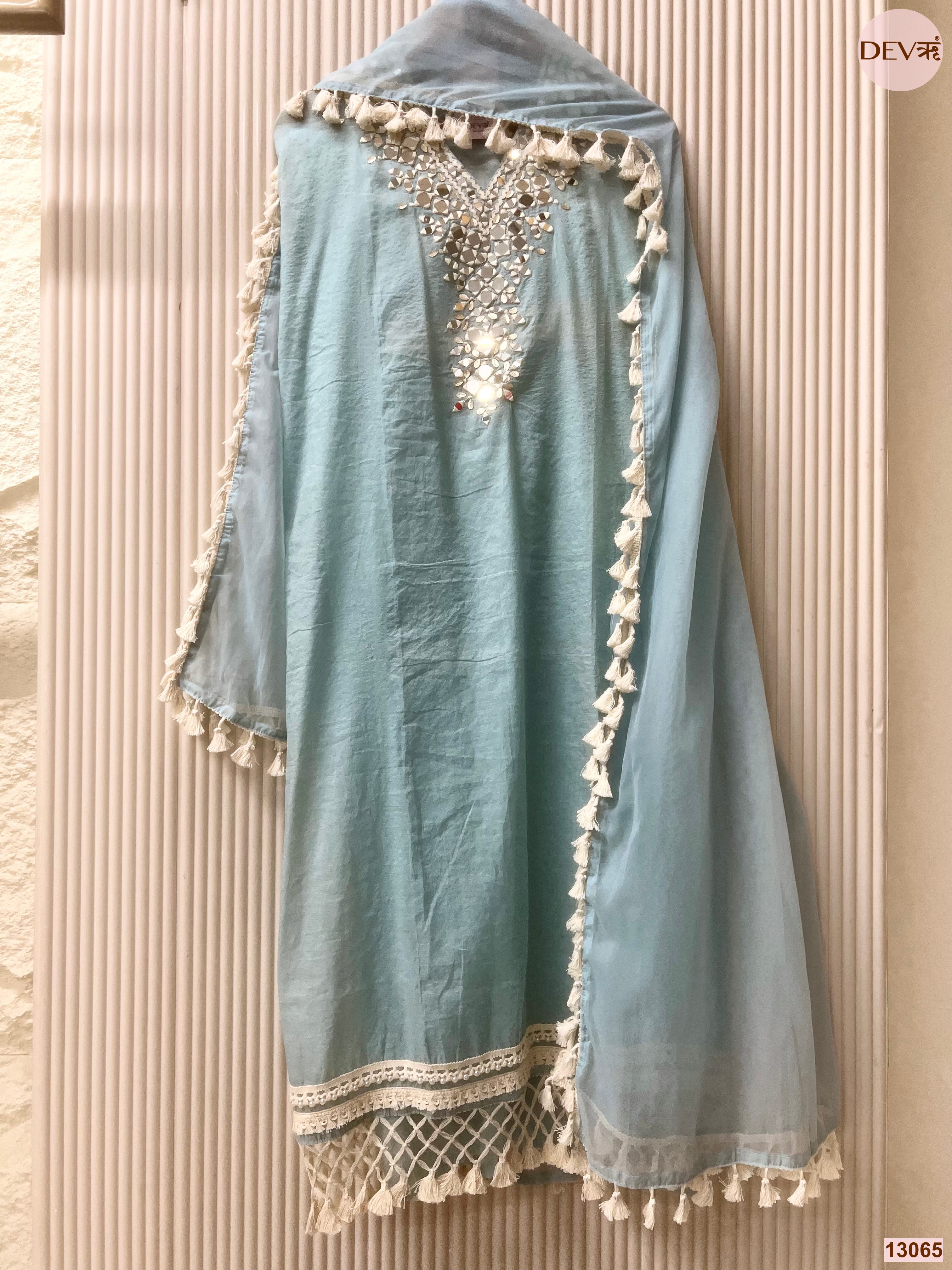 Blue Mul Cotton Hand Unstitched 3-Piece Suit (Devri – D.No 13065)