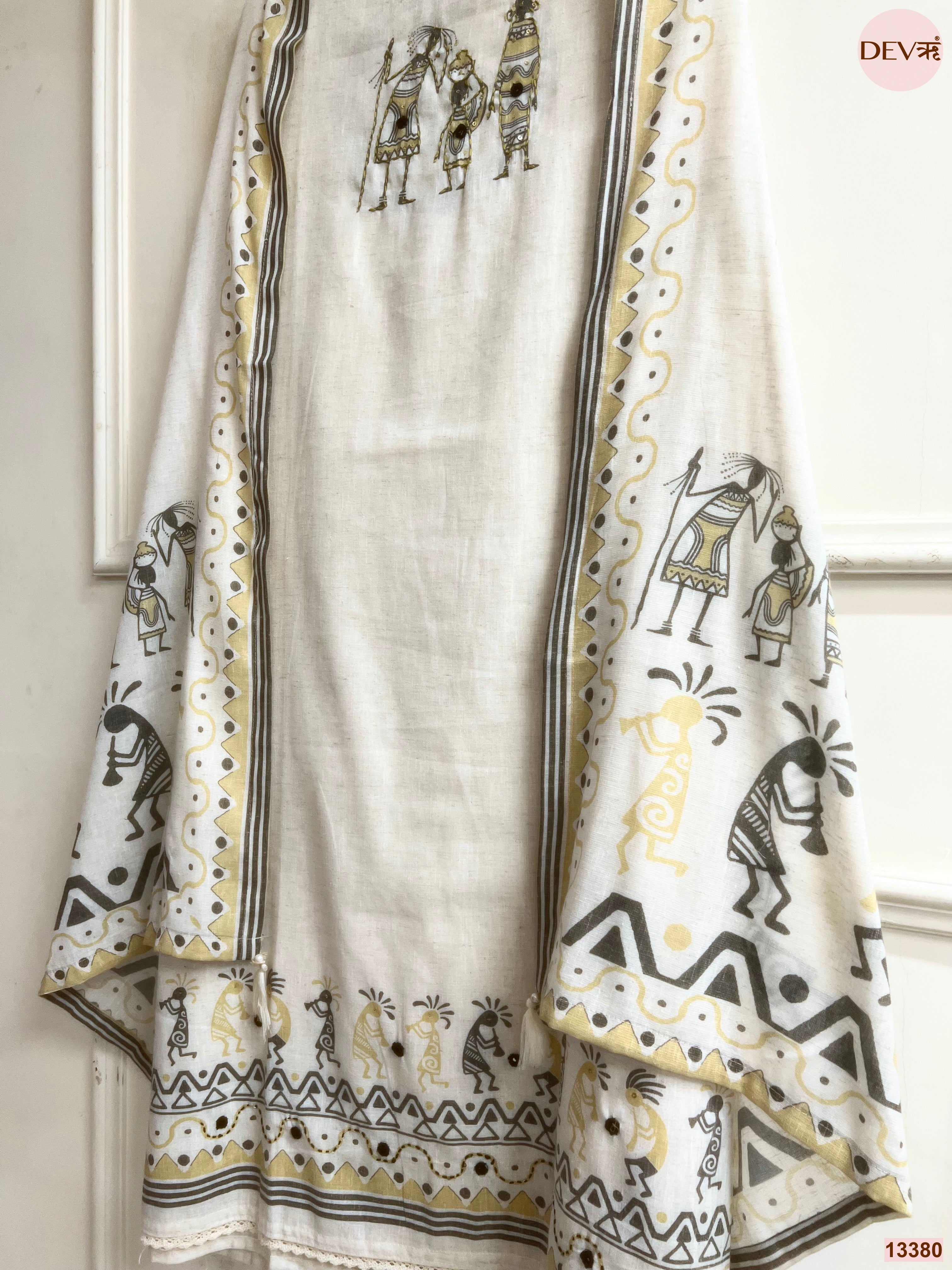 Off White Khadi Cotton Printed Unstitched 3-Piece Suit (Devri – D.No 13380)