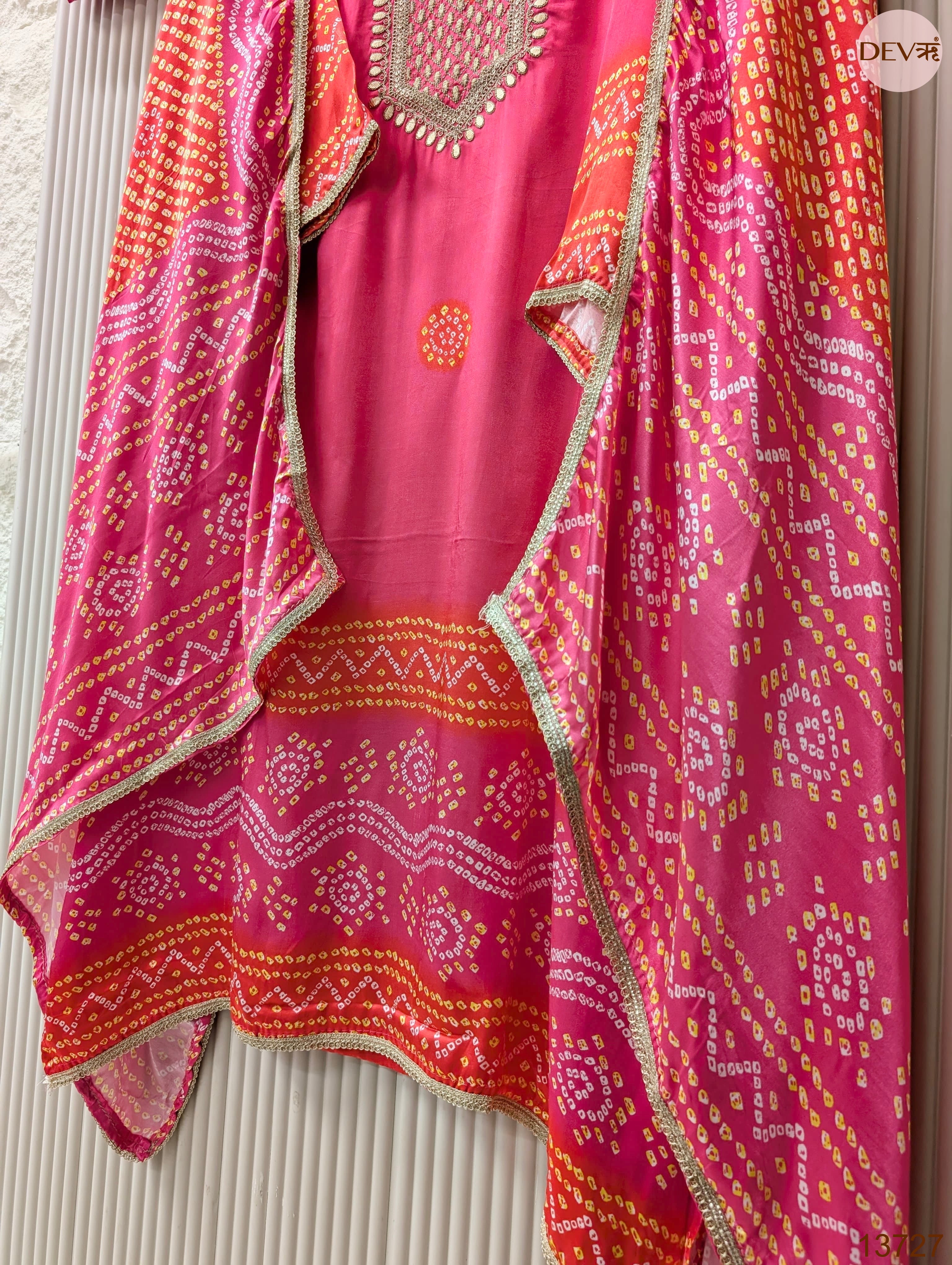 Pink Gajji Silk Printed Unstitched 3-Piece Suit (Devri – D.No 13727)