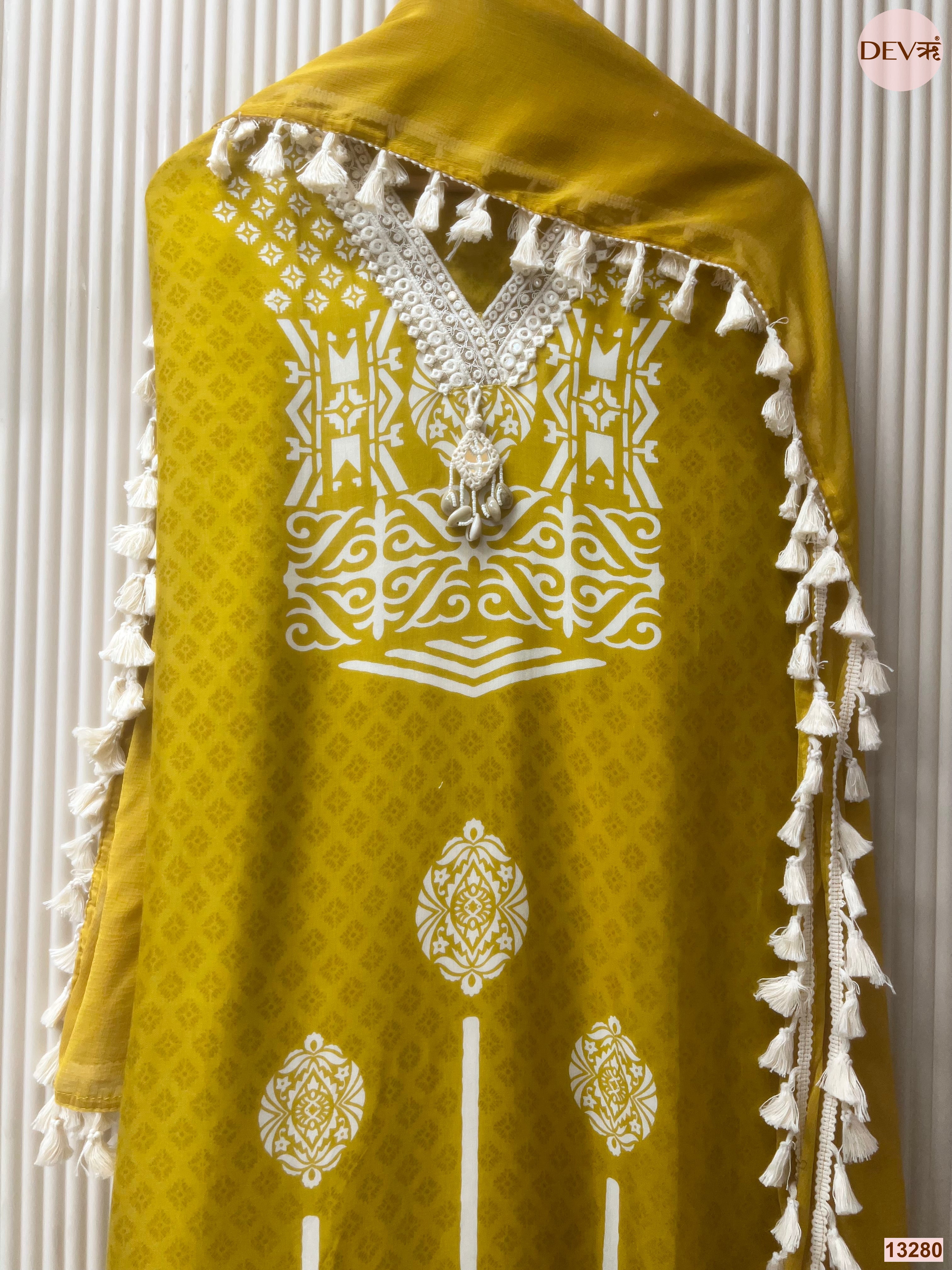 Mustard Muslin Printed Unstitched 3-Piece Suit (Devri – D.No 13280)