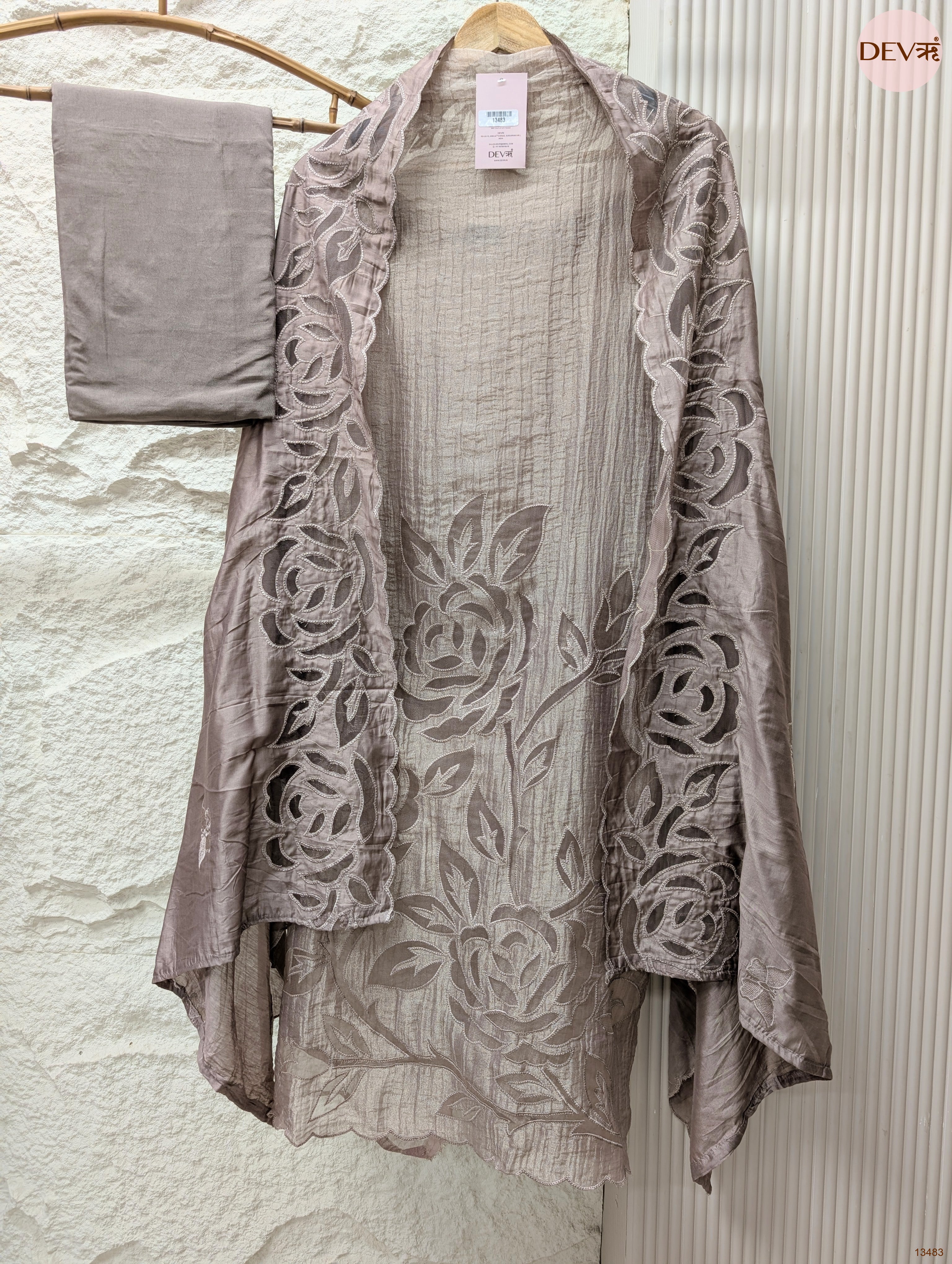 Taupe Tissue Crush Silk Chanderi Embroidered Unstitched 3-Piece Suit (Devri – D.No 13483)