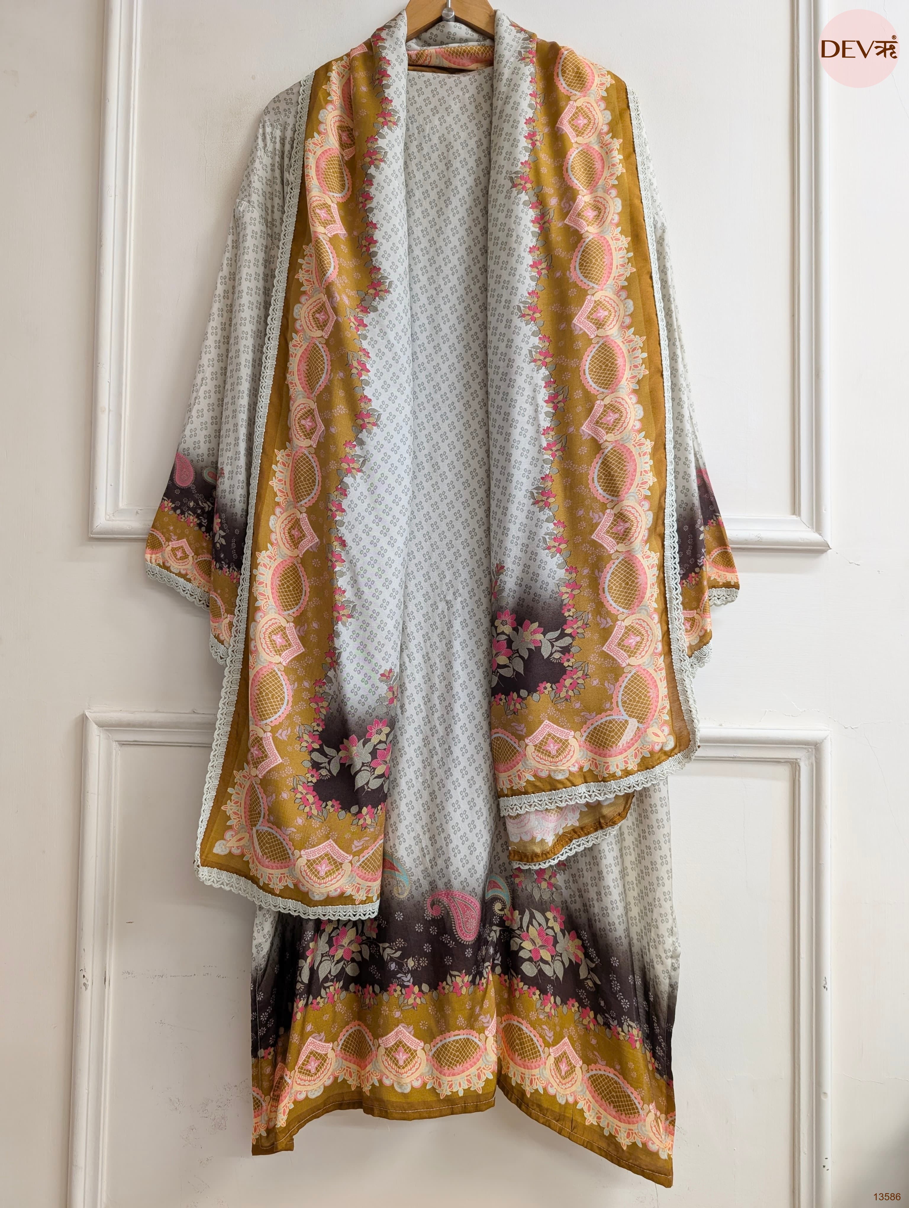 Grey Muslin Printed Unstitched 3-Piece Suit (Devri – D.No 13586)