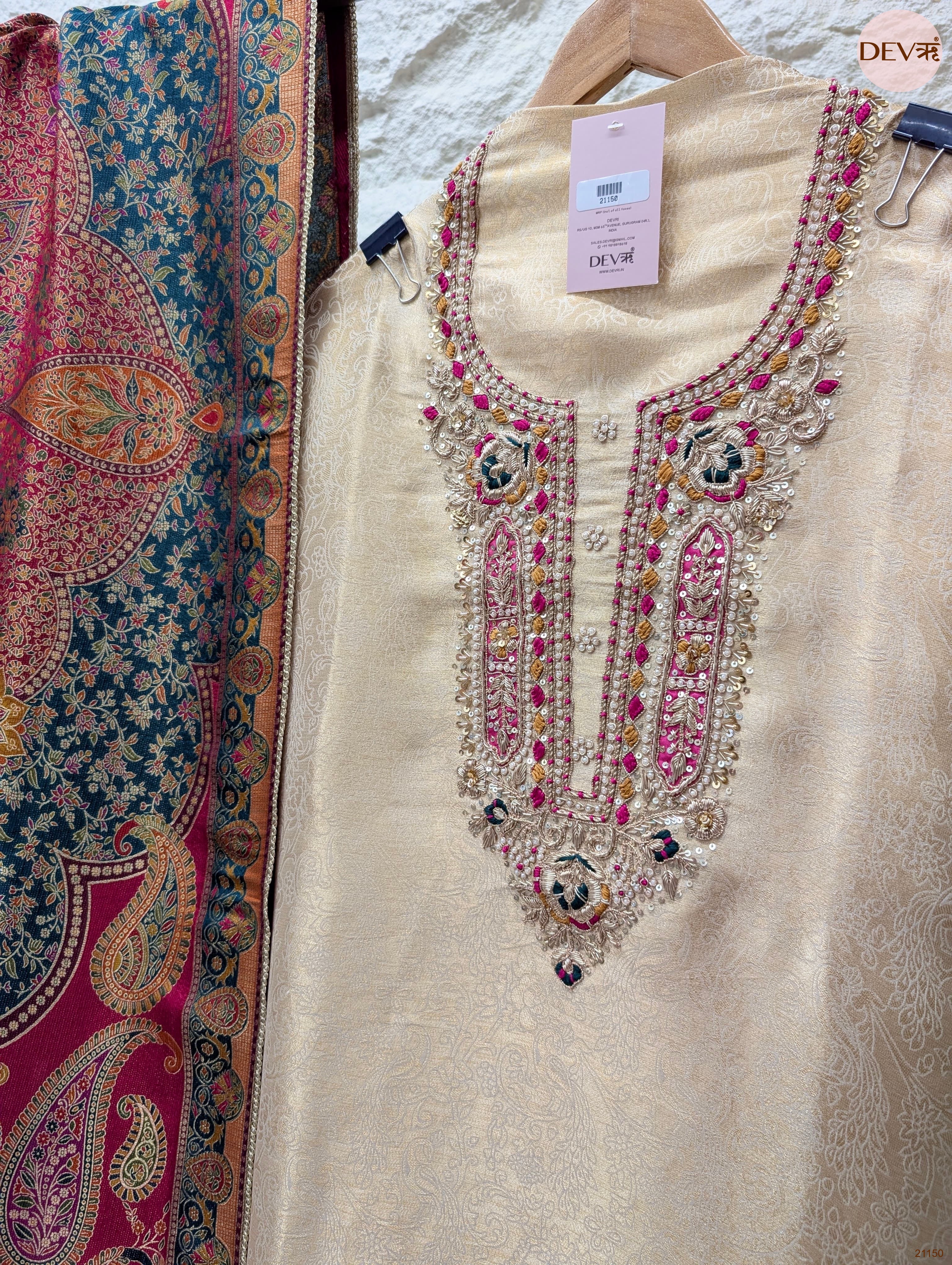Cream Pure Banarasi Woven Silk Embroidered Unstitched 3-Piece Suit (Devri – D.No 21150)