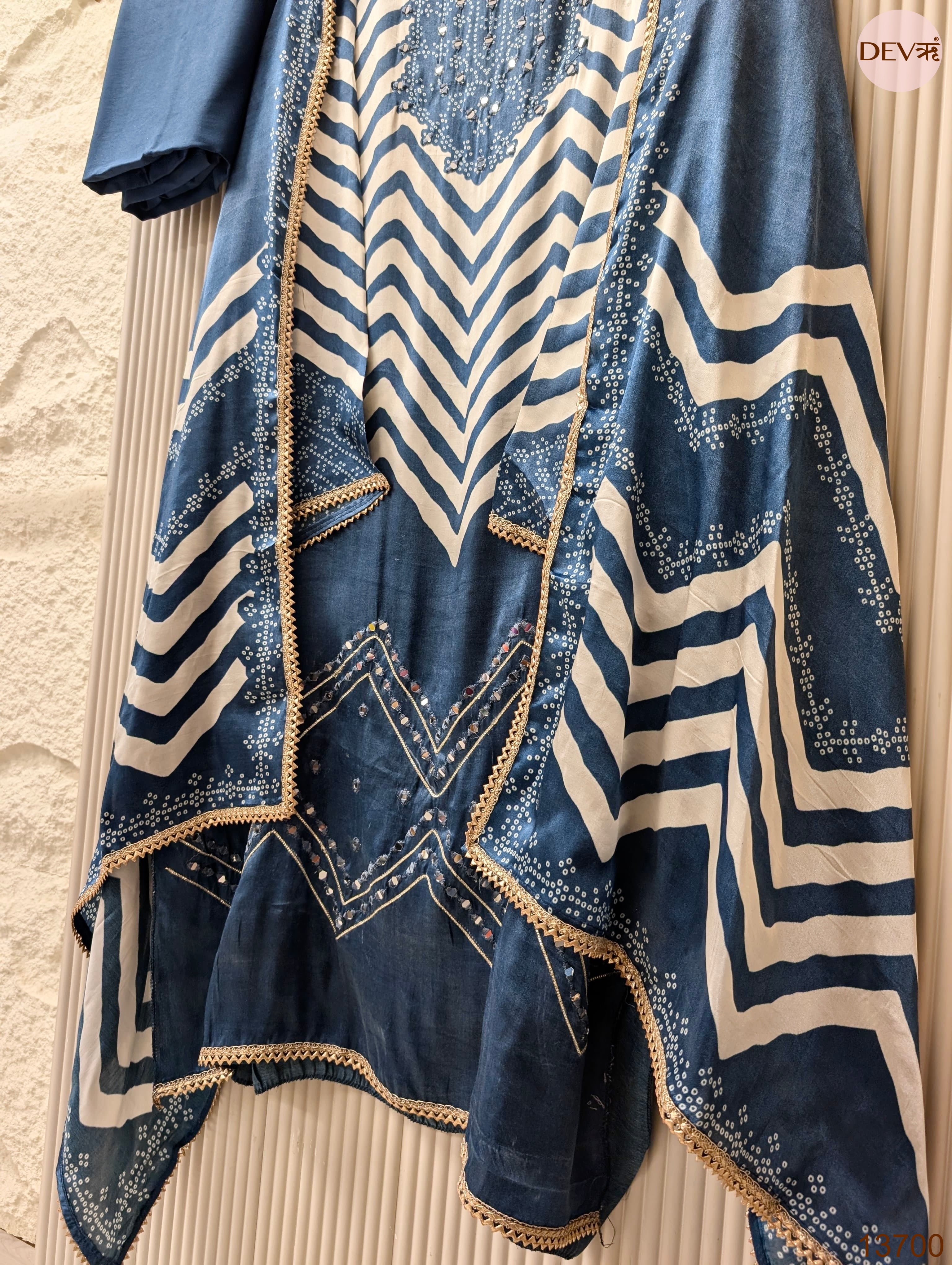 Blue Pure Gajji Silk Printed Unstitched 3-Piece Suit (Devri – D.No 13700)