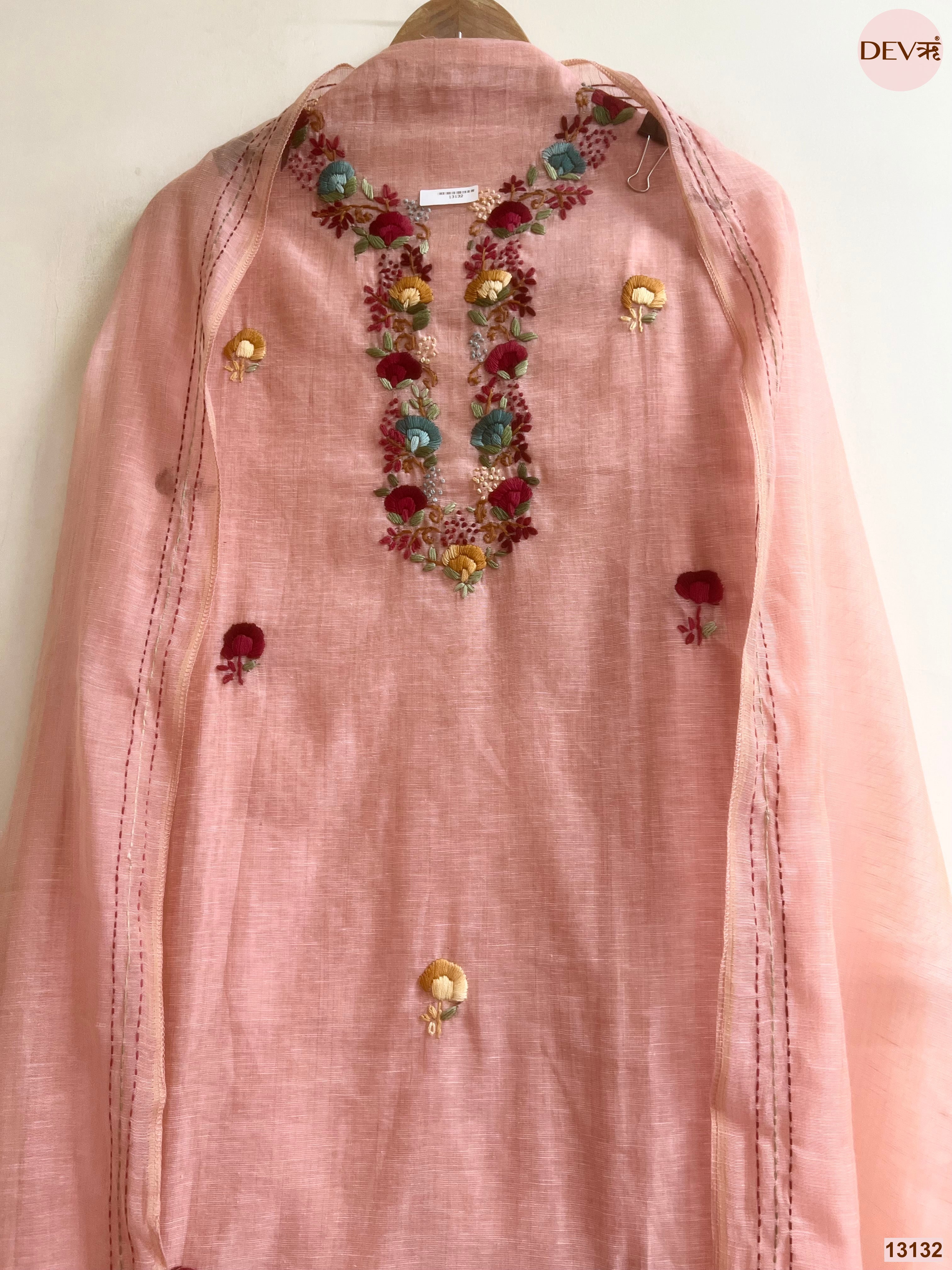 Peach Jamdani Cotton Embroidered Unstitched 3-Piece Suit (Devri – D.No 13132)