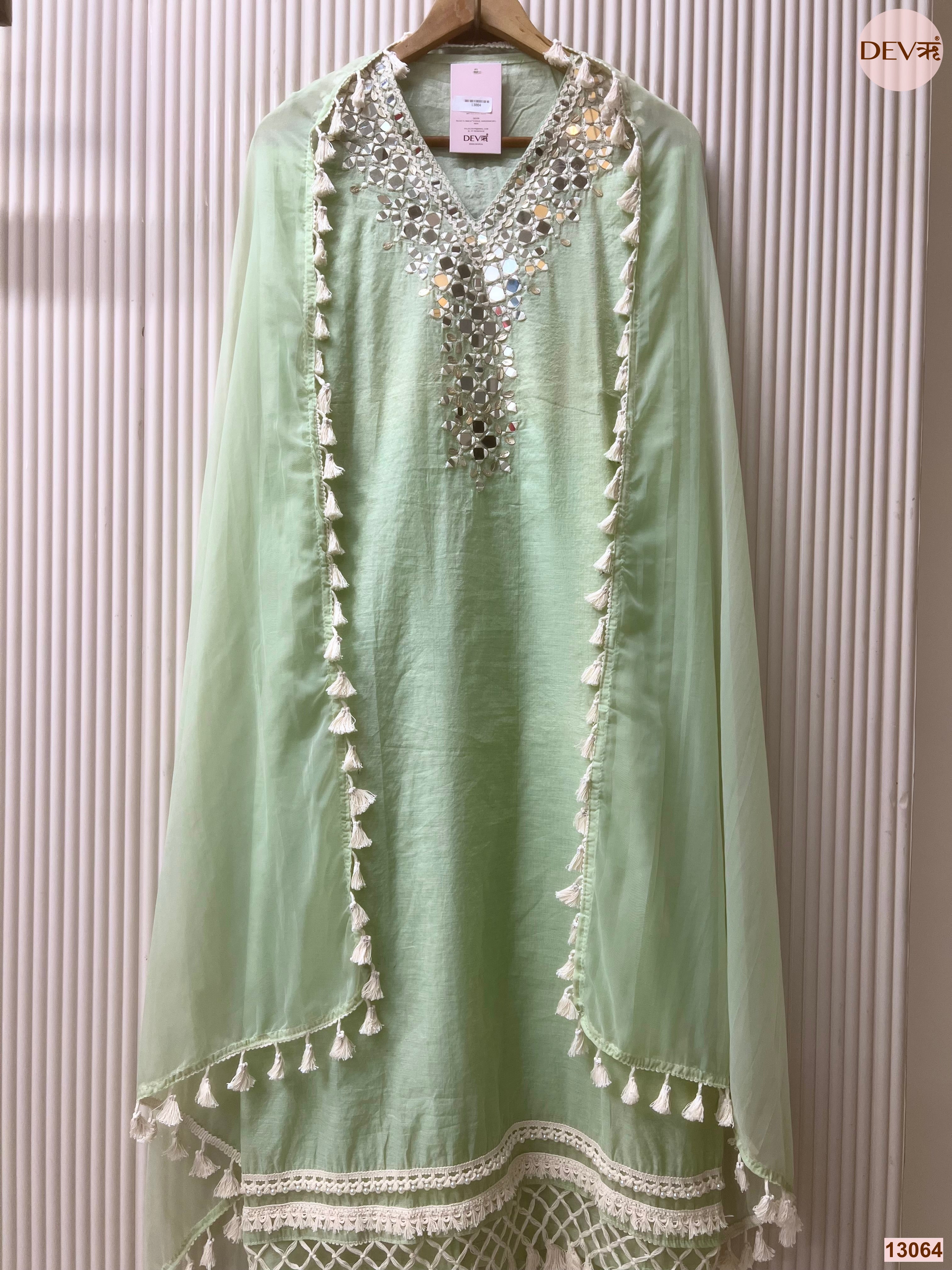 Mint Mul Cotton Hand Unstitched 3-Piece Suit (Devri – D.No 13064)