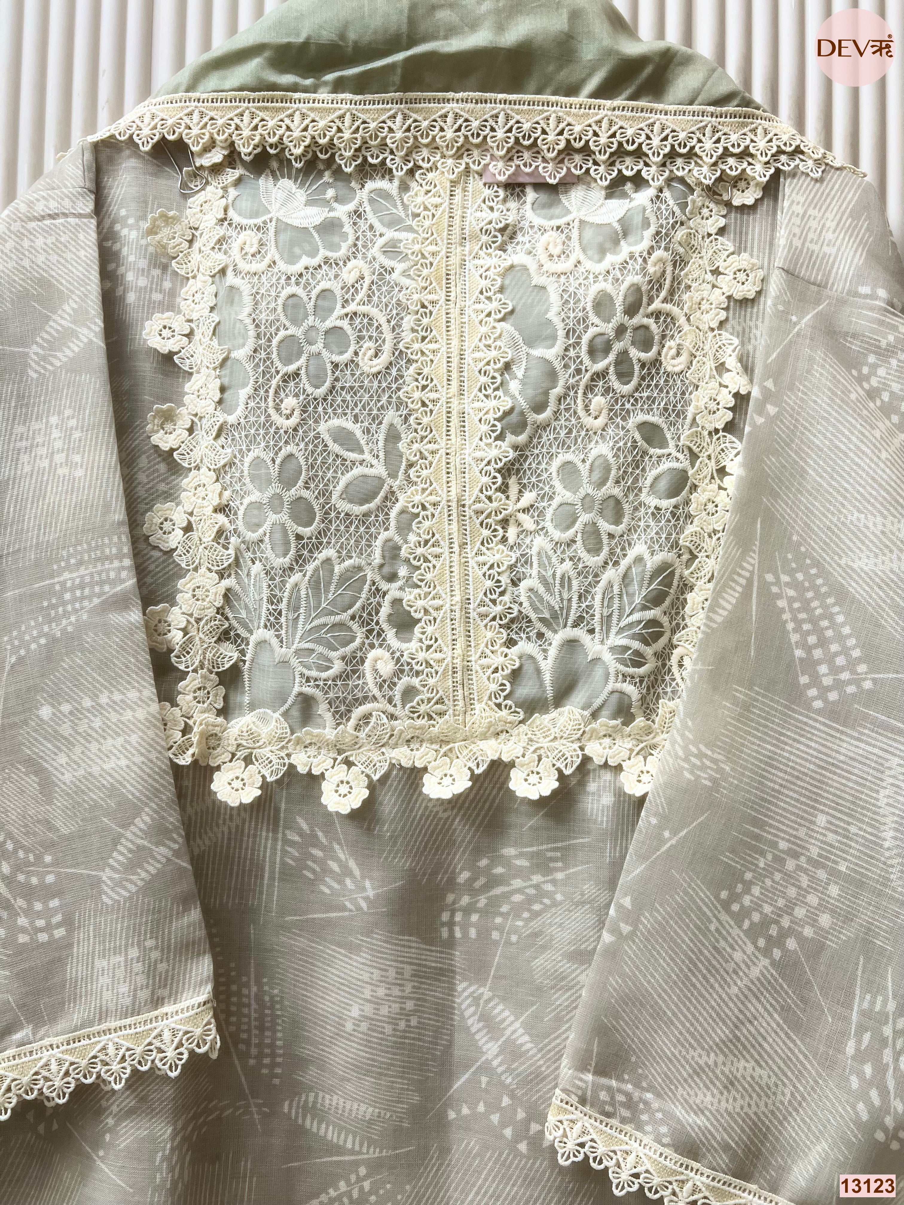 Sage Linen Embroidered Unstitched 3-Piece Suit (Devri – D.No 13123)
