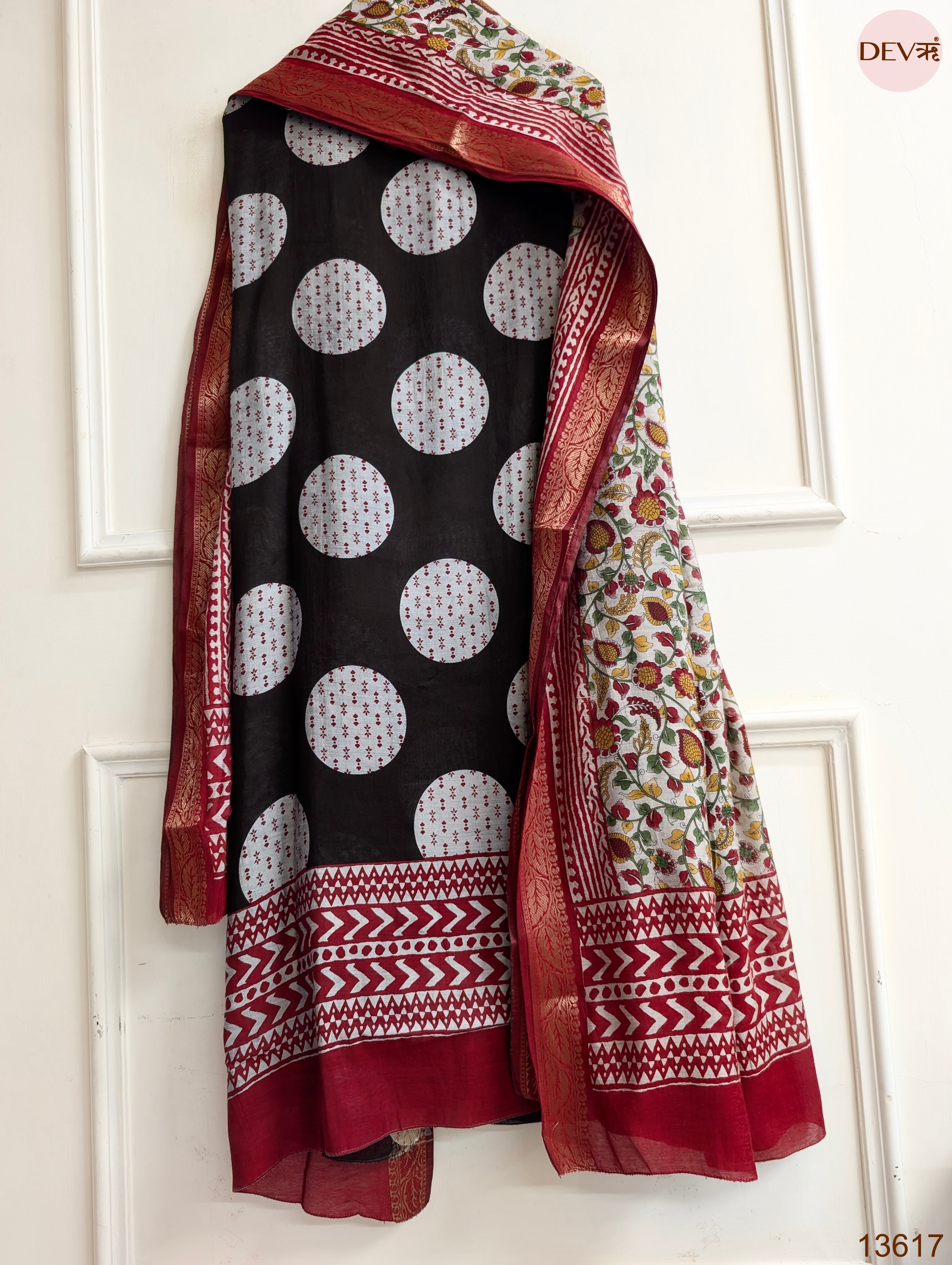 Black Maheshwari Silk Printed Unstitched 3-Piece Suit (Devri – D.No 13617)