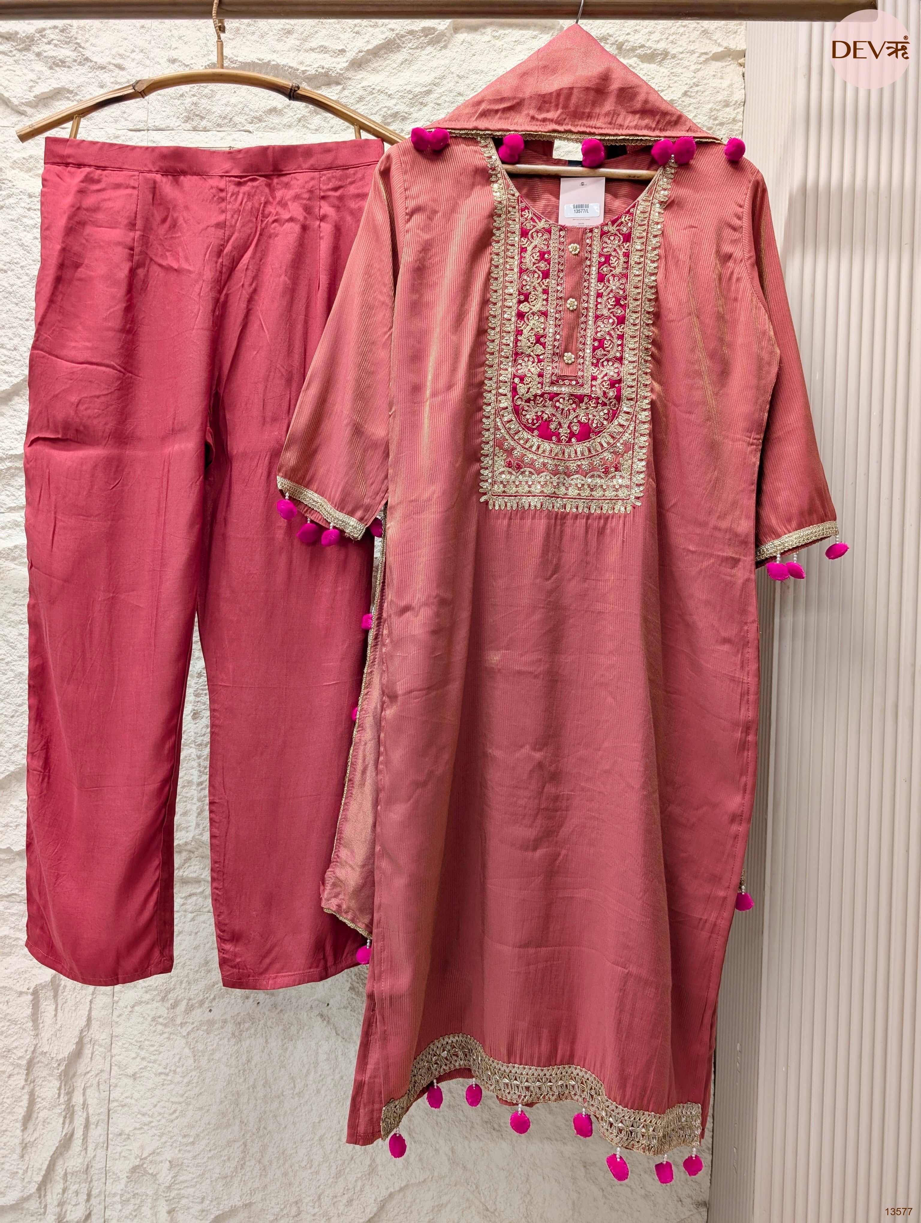 Gulnaar Tissue silk Embroidered Dusty Rose 3-Piece Set (Devri – D.No 13577)