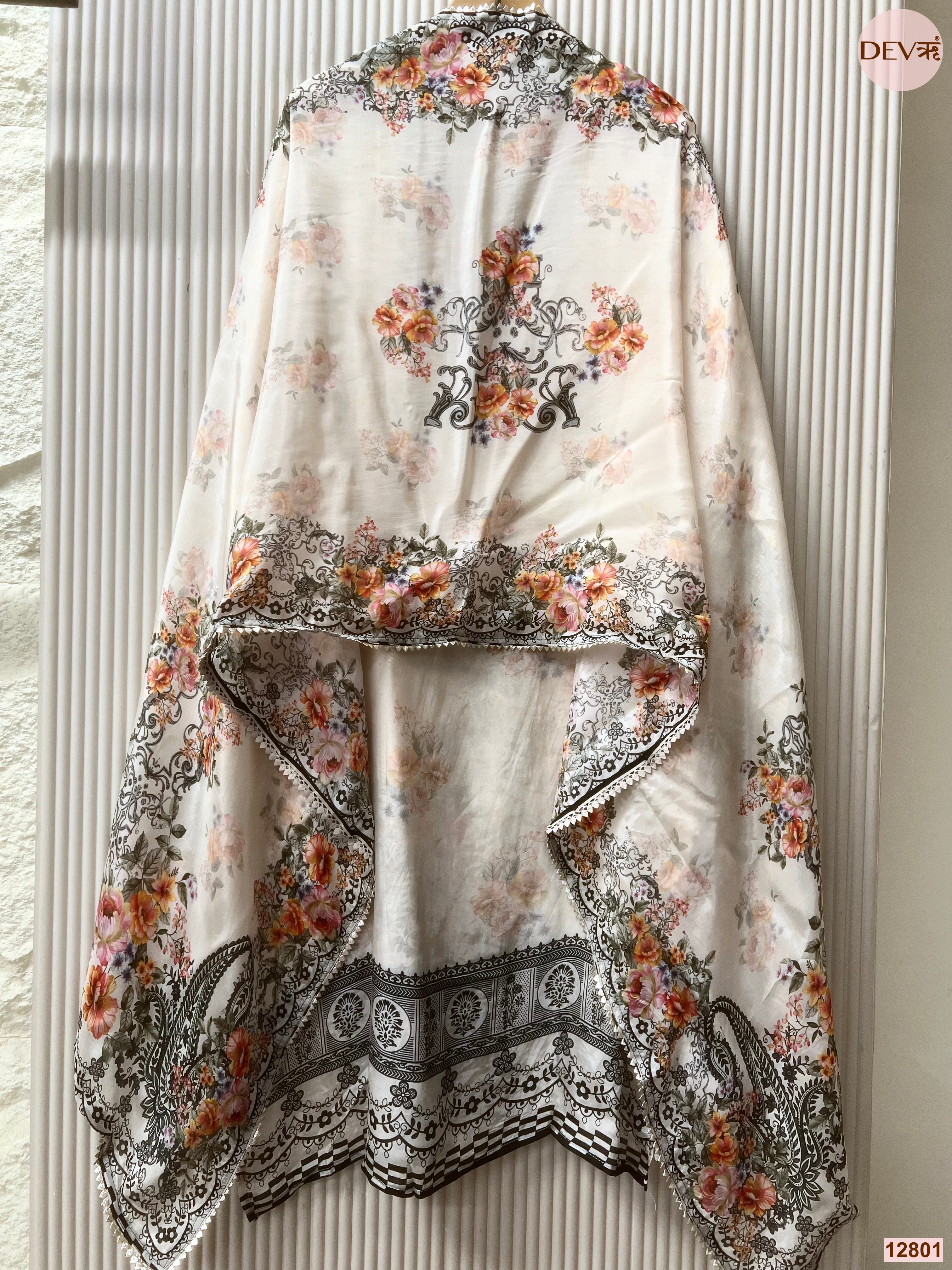White Glass organza Silk Printed Unstitched 3-Piece Suit (Devri – D.No 12801)