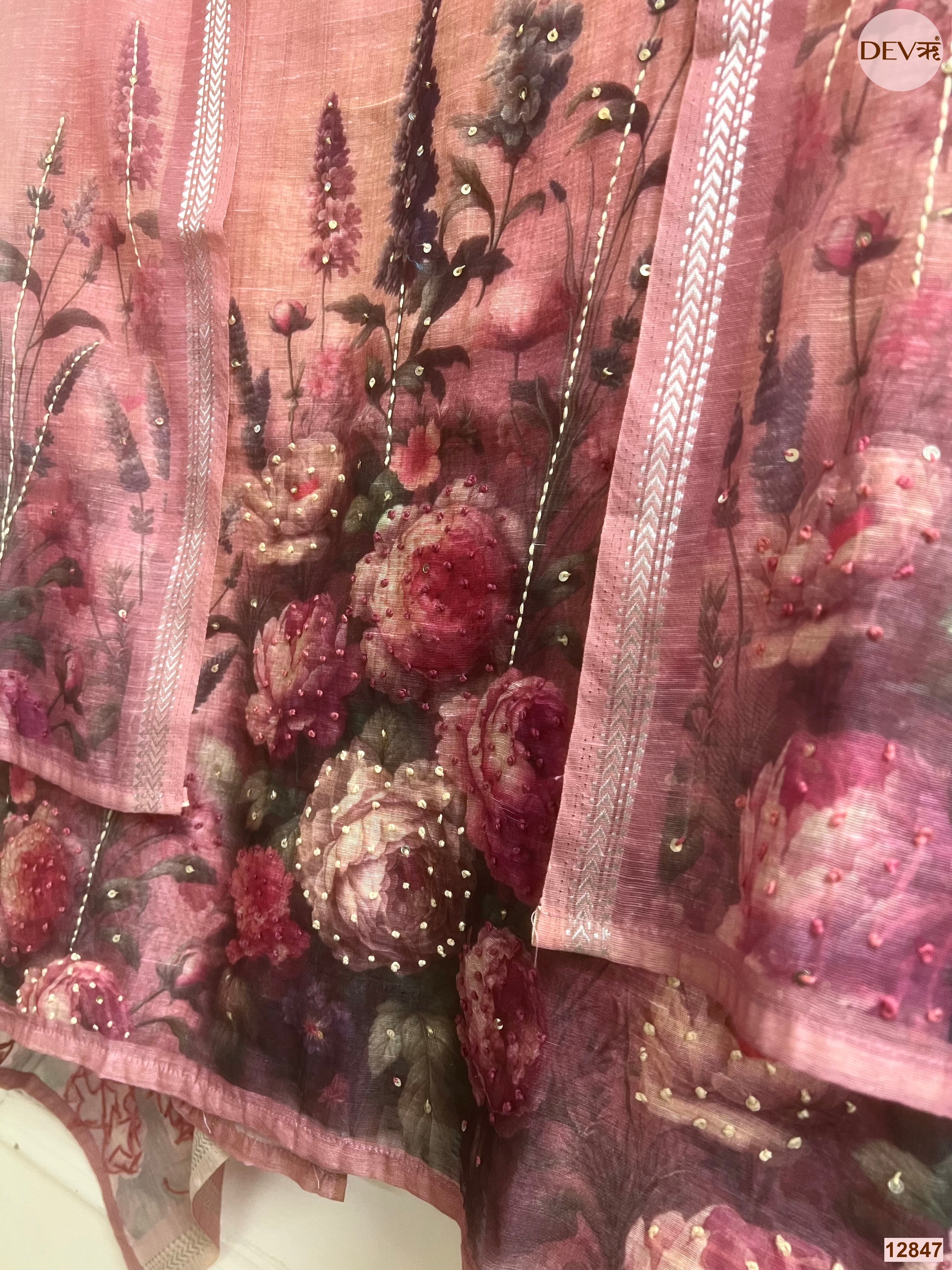 Pink Mul Chanderi Printed Unstitched 3-Piece Suit (Devri – D.No 12847)