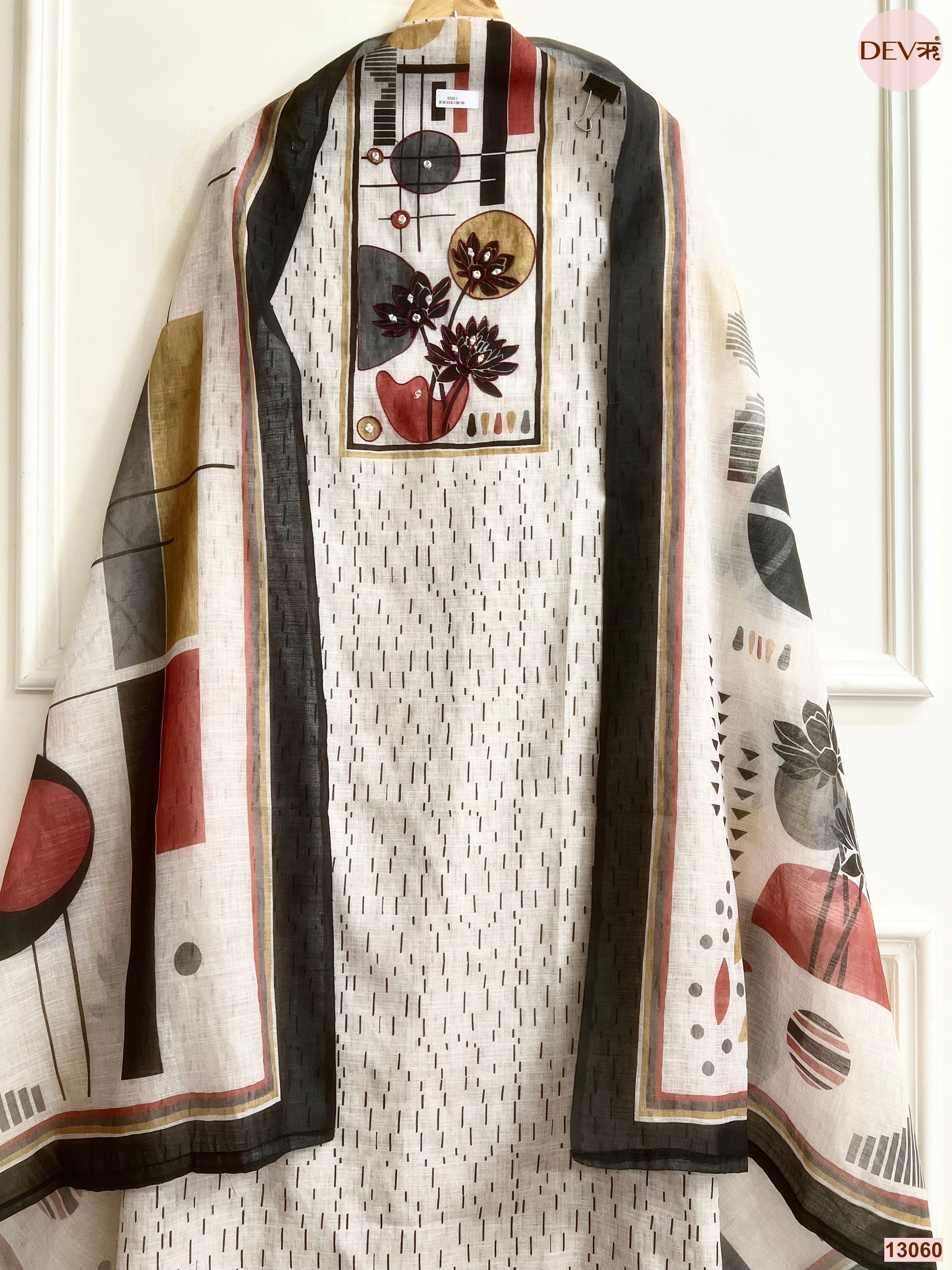 Beige Linen Cotton Printed Unstitched 3-Piece Suit (Devri – D.No 13060)
