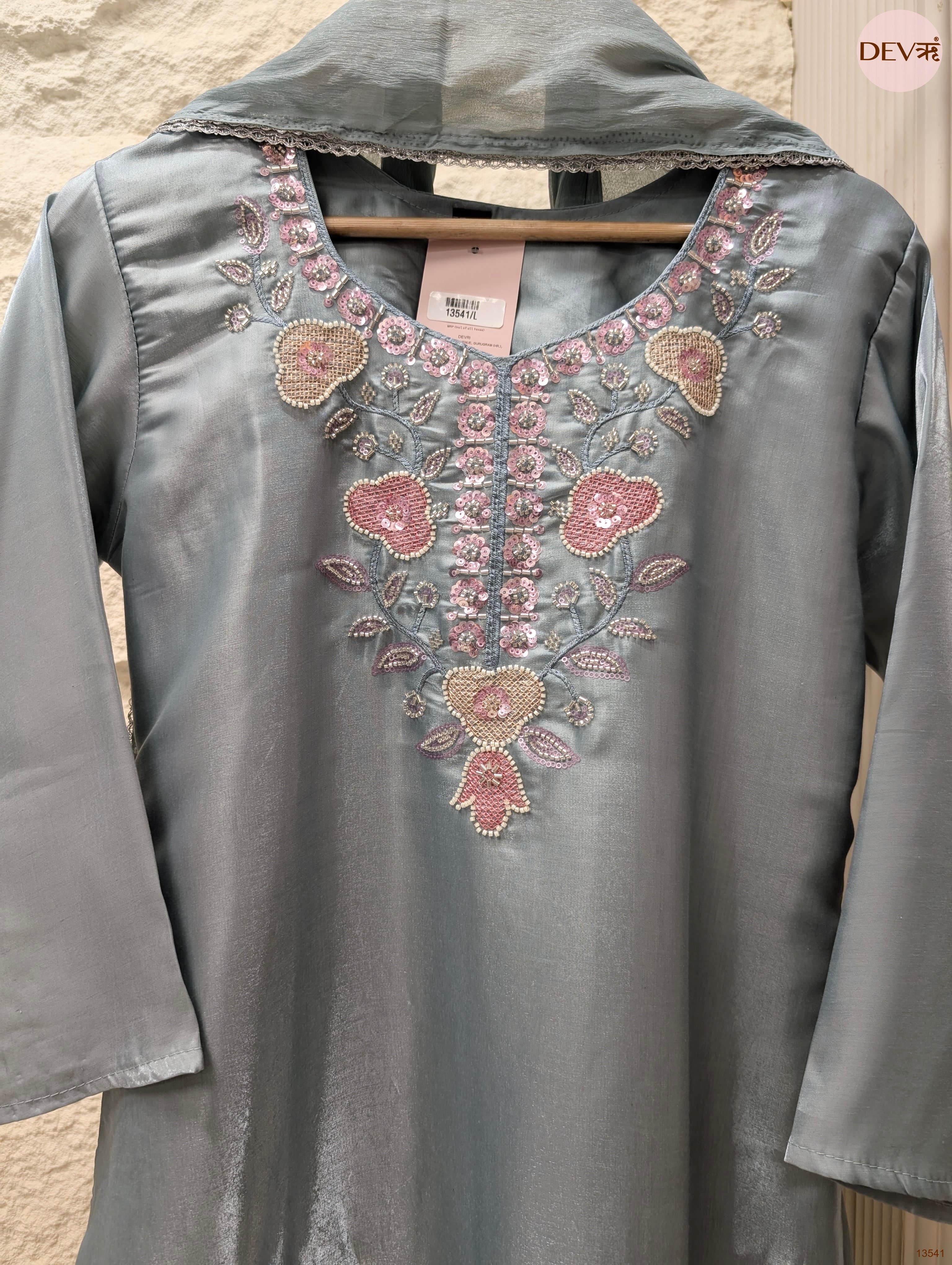 Gulnaar Roman Glass Silk Embroidered Grey 3-Piece Set (Devri – D.No 13541)