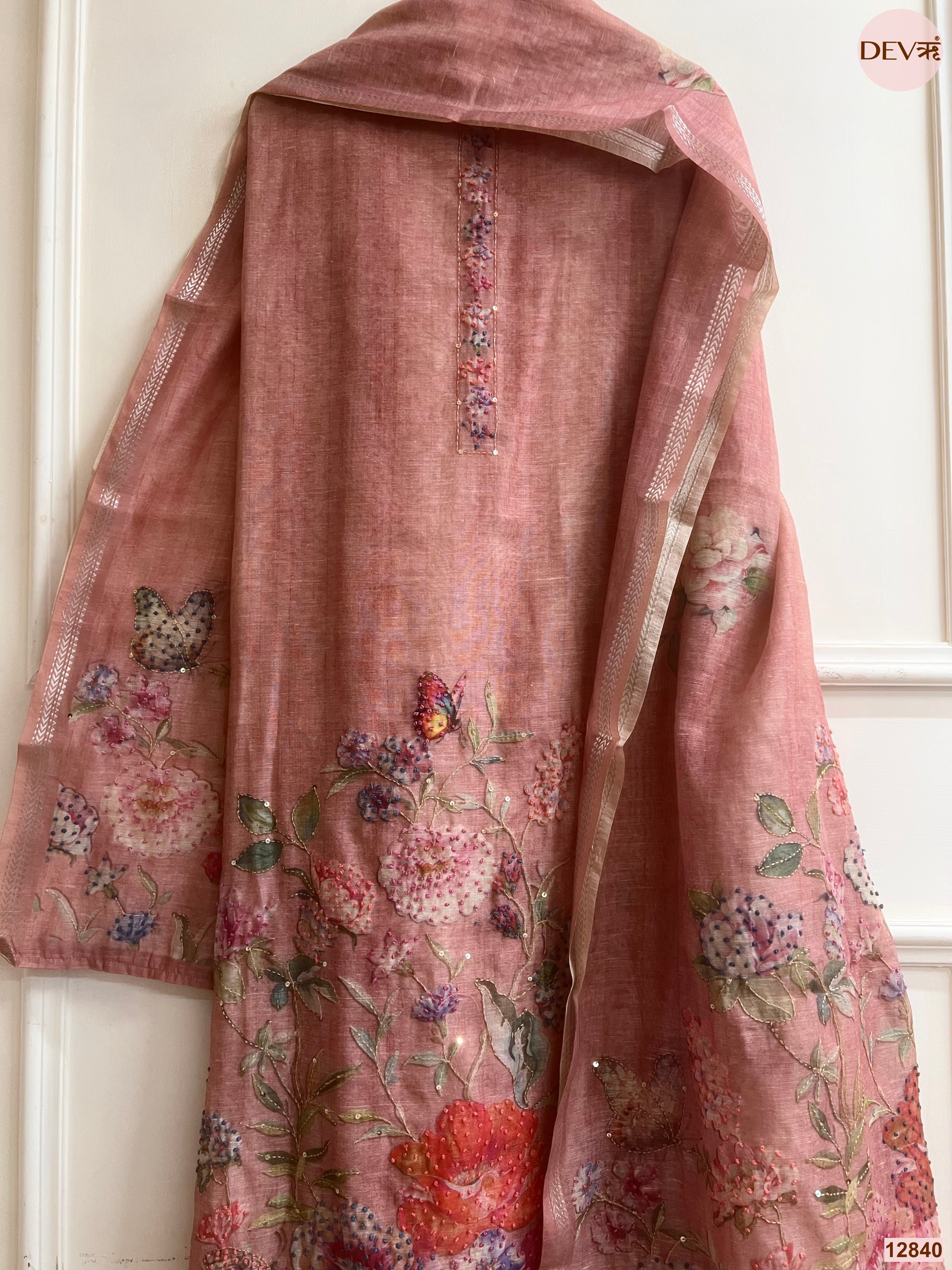 Pink Mul Chanderi Embroidered Unstitched 3-Piece Suit (Devri – D.No 12840)