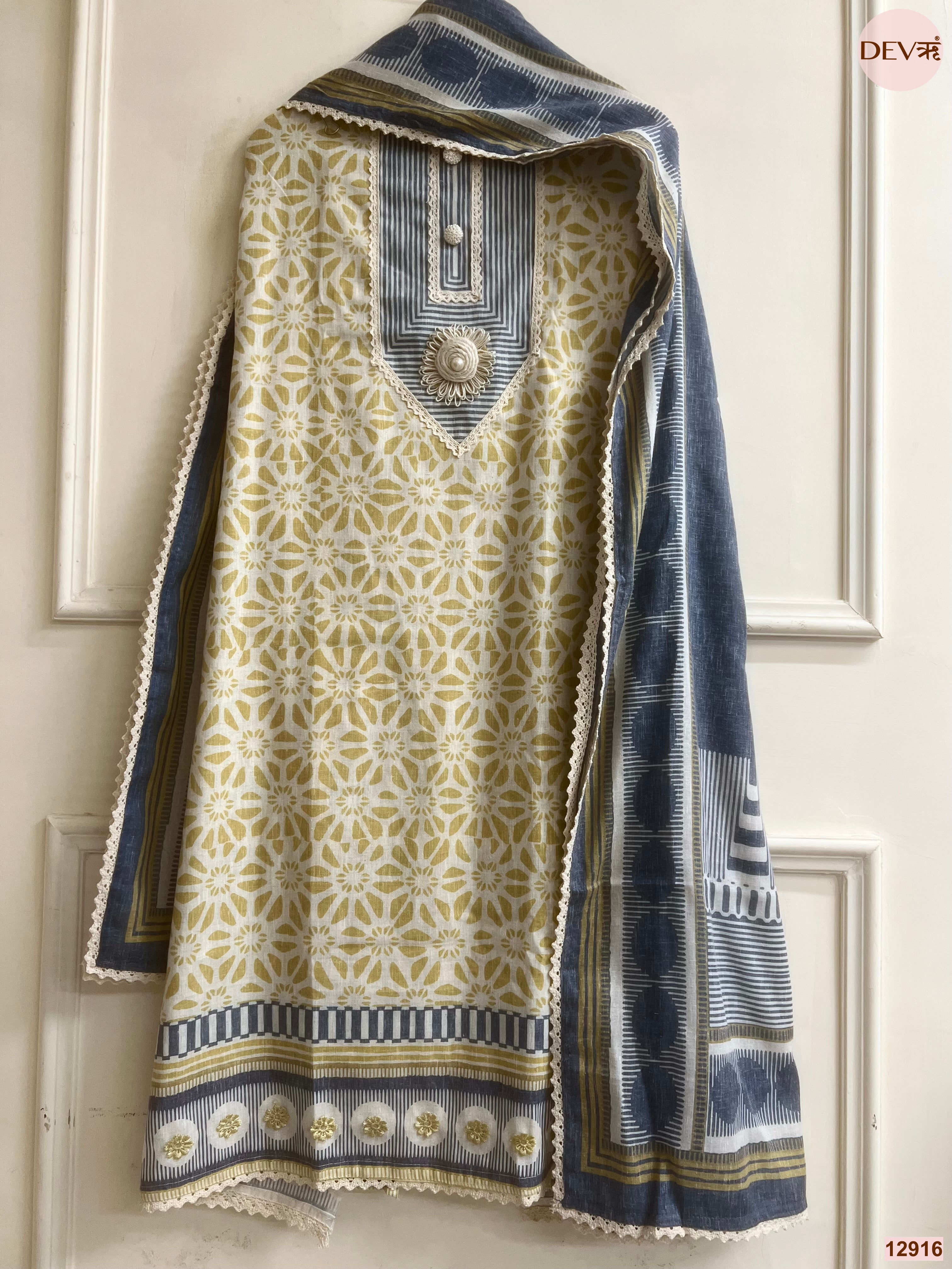 Mustard Cotton Khadi Printed Unstitched 3-Piece Suit (Devri – D.No 12916)