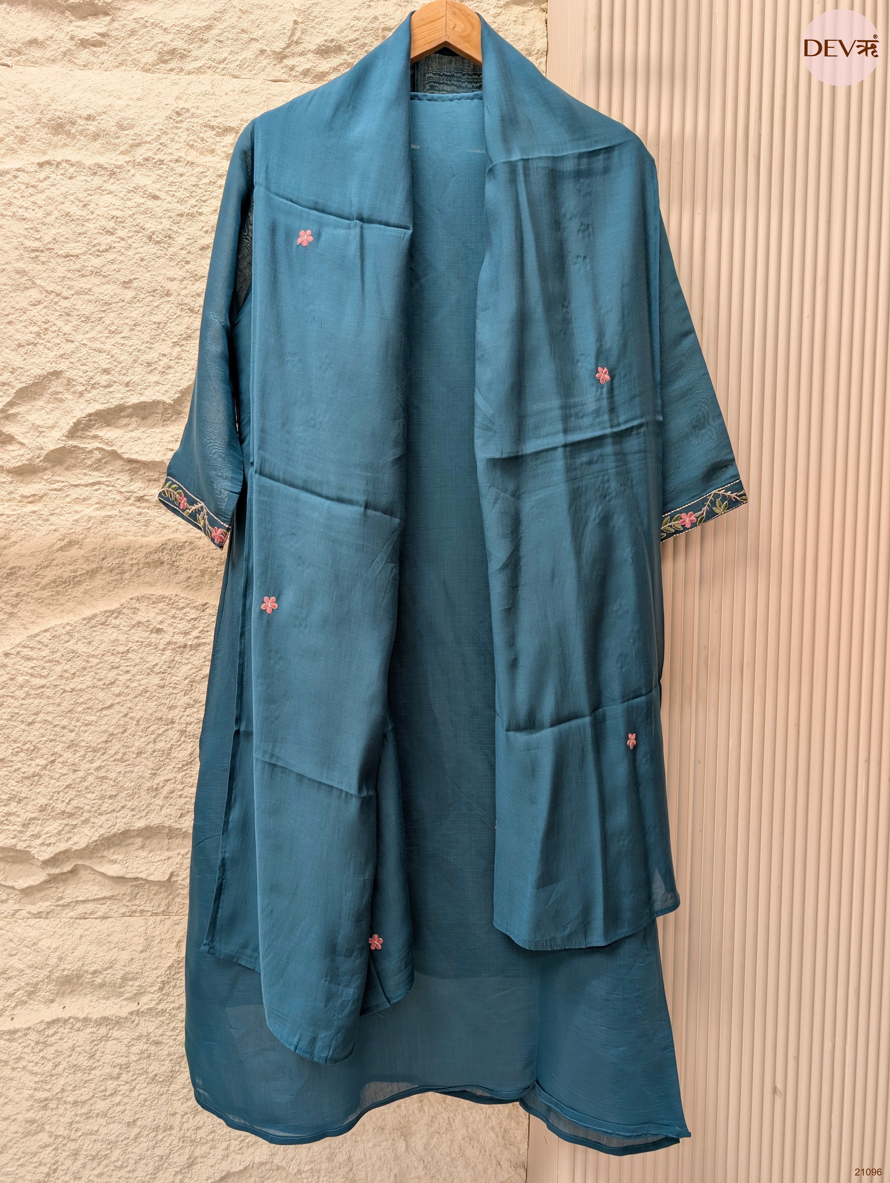 Meher Mul Chanderi Embroidered Teal 3-Piece Set (Devri – D.No 21096)