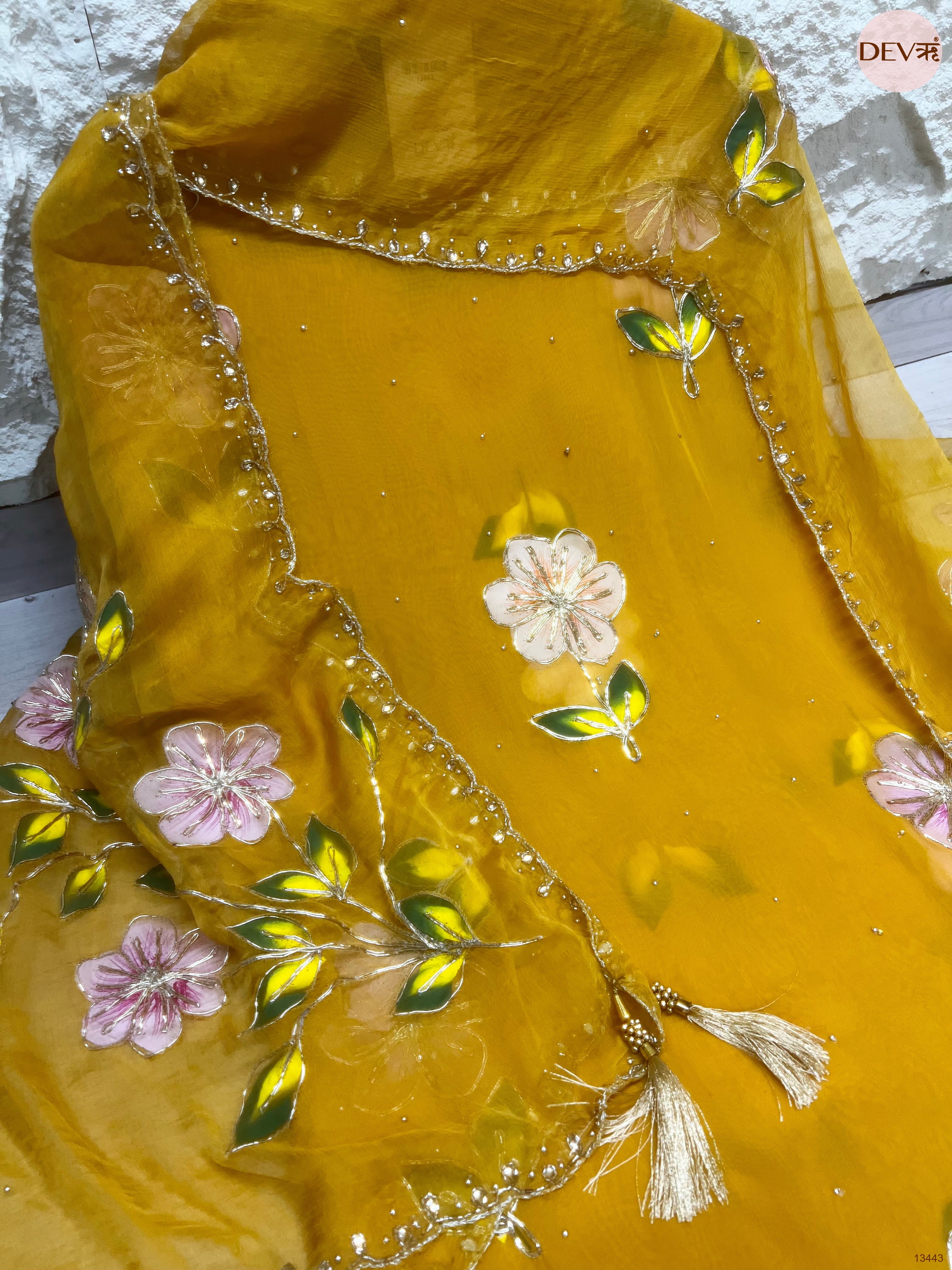 Mustard Handwork viscose organza Unstitched 3-Piece Suit (Devri – D.No 13443)